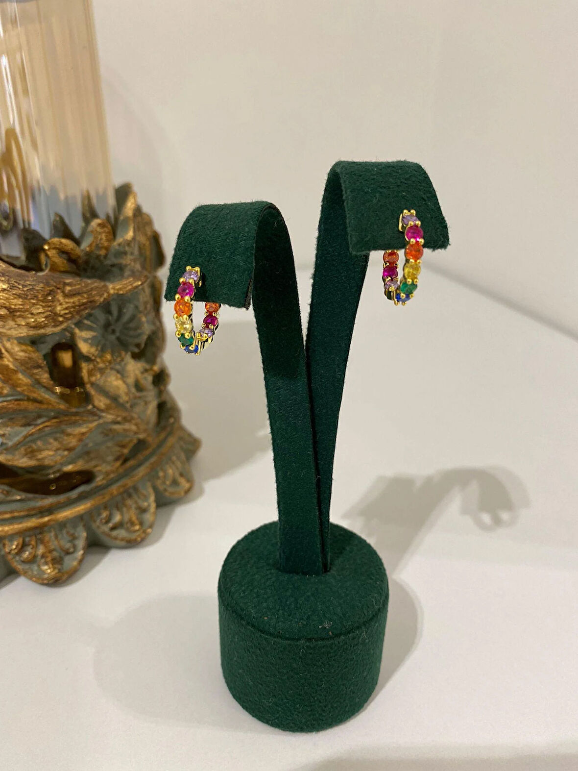 Kadın Gümüş Gold Renkli Taşlı Halka Küpe