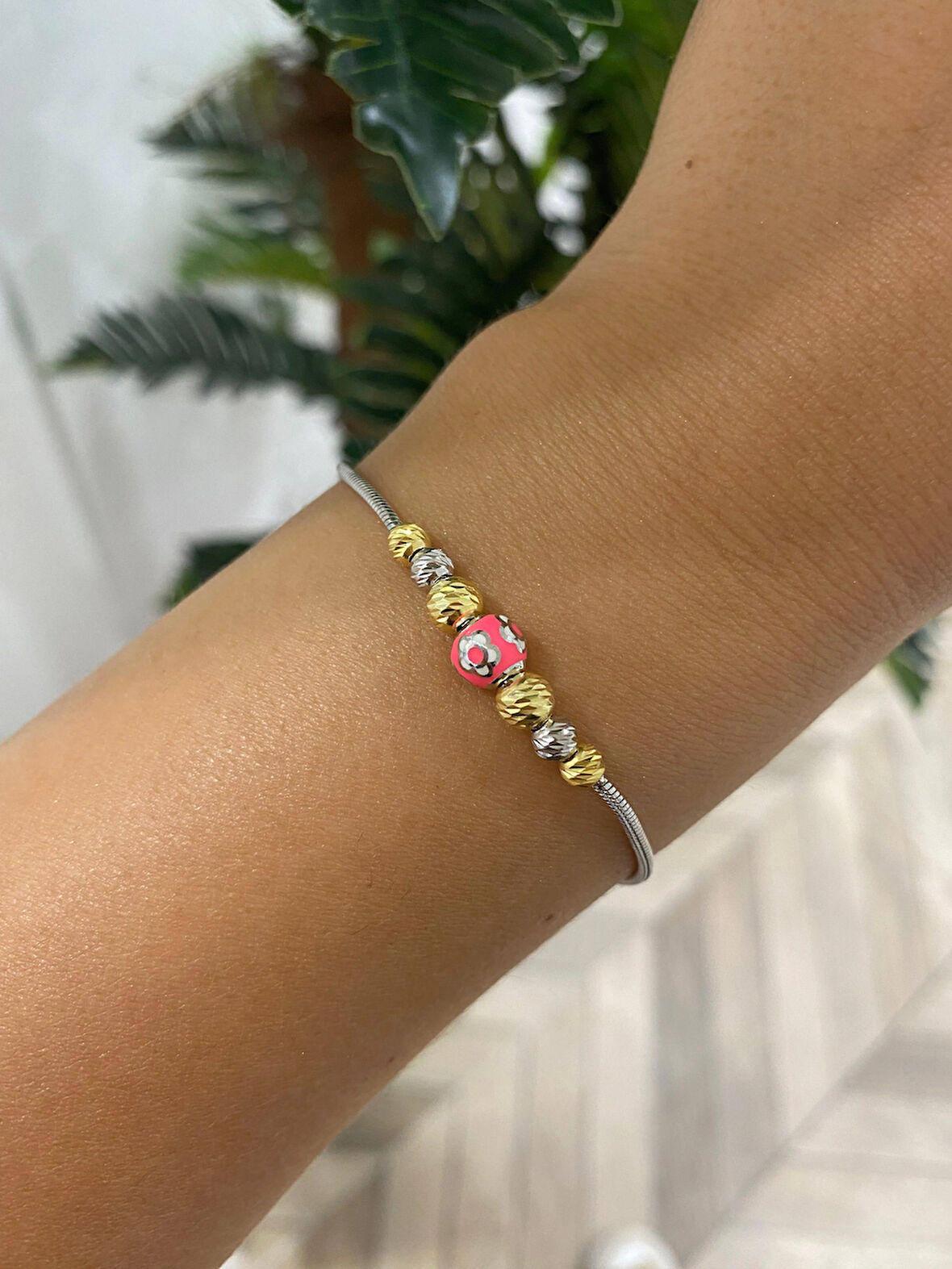 Kadın Gümüş Doricalı Pembe Çiçekli Bileklik