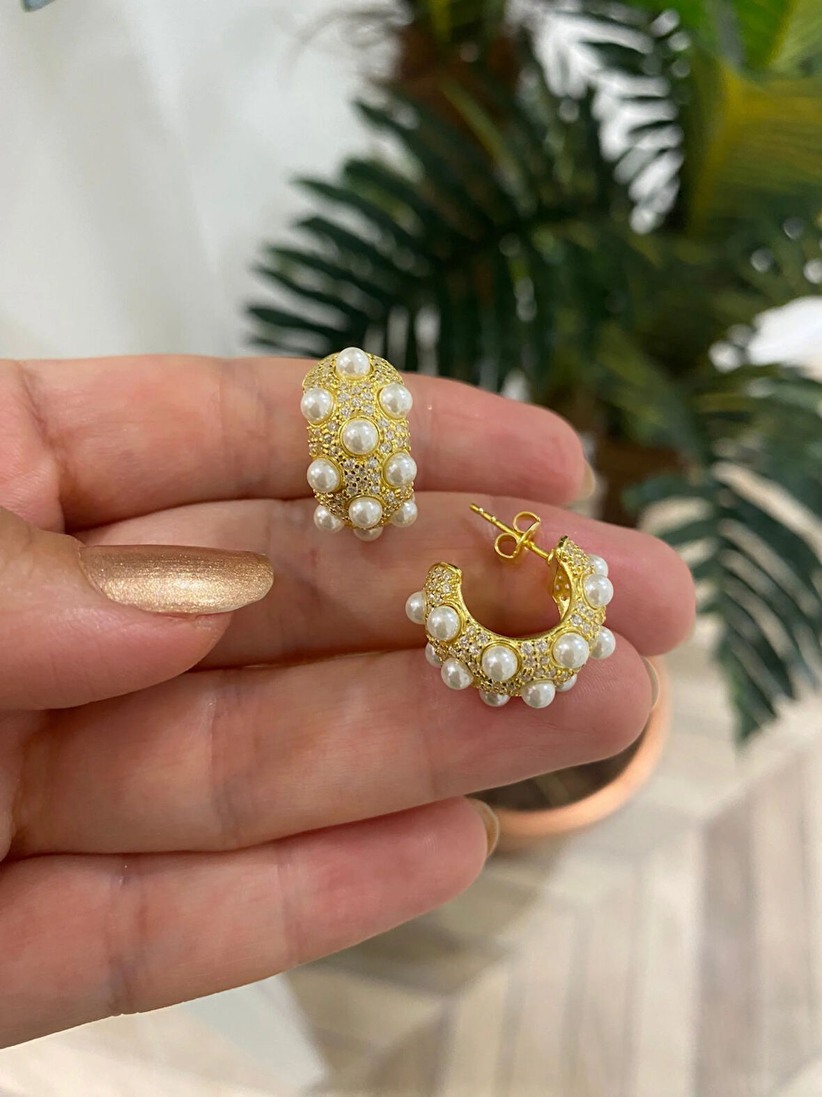 Kadın Gümüş Gold İncili Tasarım Küpe