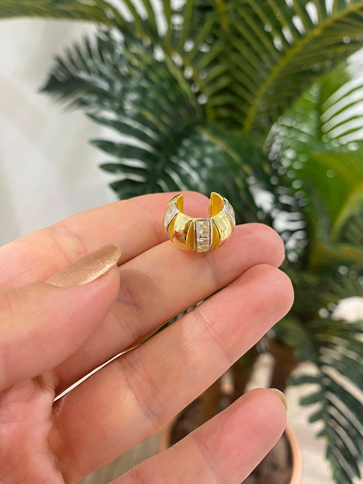 Kadın Gümüş Gold Bombeli Tasarım Cuff