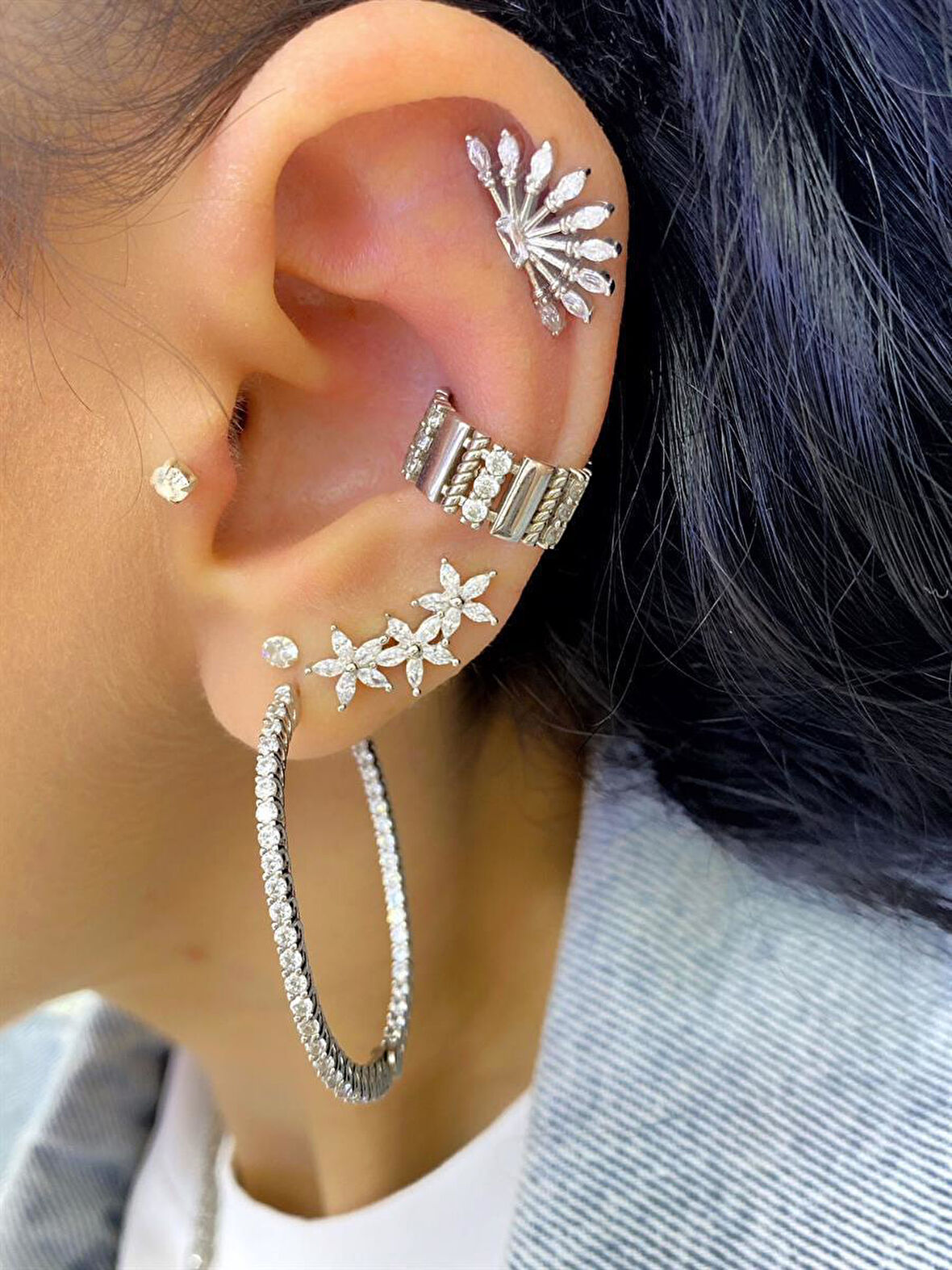 Kadın Gümüş İncili Çiçek Küpe