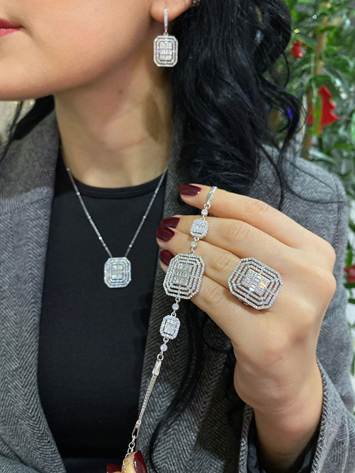 Kadın Gümüş Zirkon Taşlı Baget Set Takımı