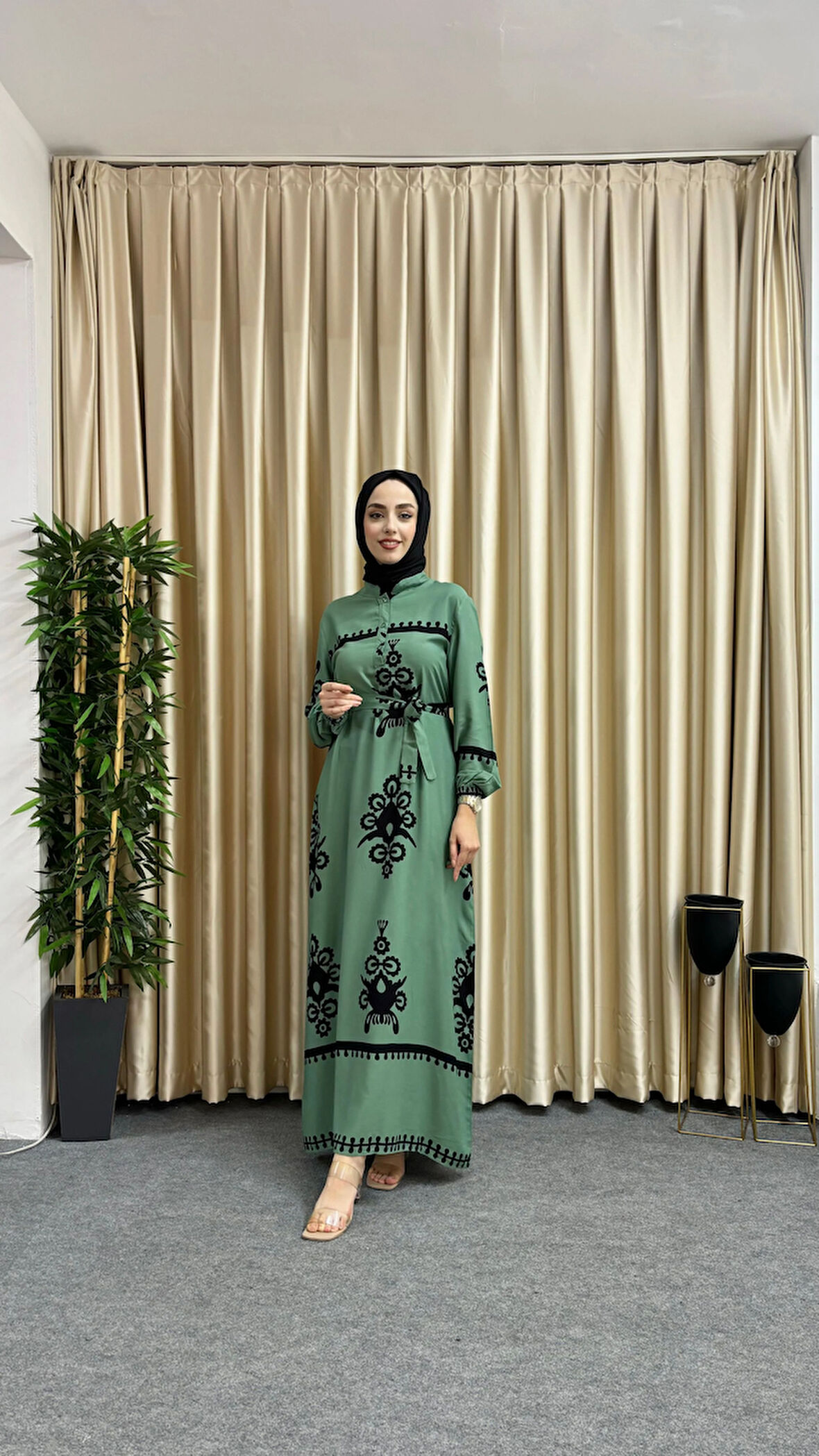 Reyhan Desenli Elbise Yeşil