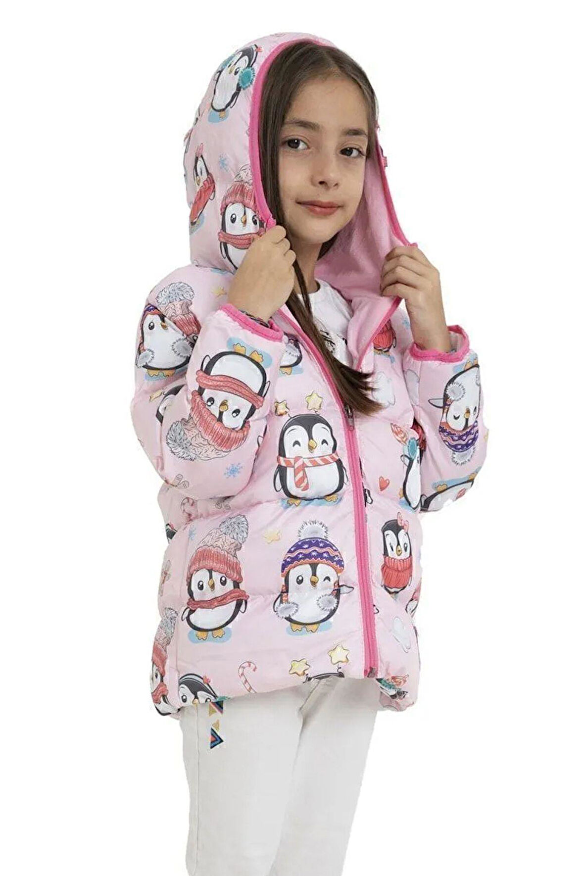 Kız Çocuk Polarlı Kapüşonlu Penguen Şeker Desenli Kışlık Şişme Mont
