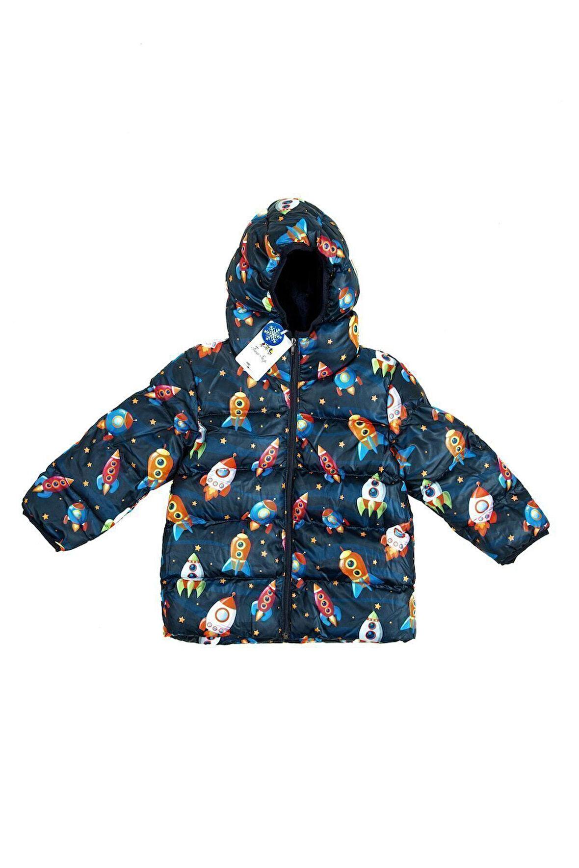 Kız Çocuk Polarlı Kapüşonlu Roket Desenli Kışlık Şişme Mont & Kaban & Parka