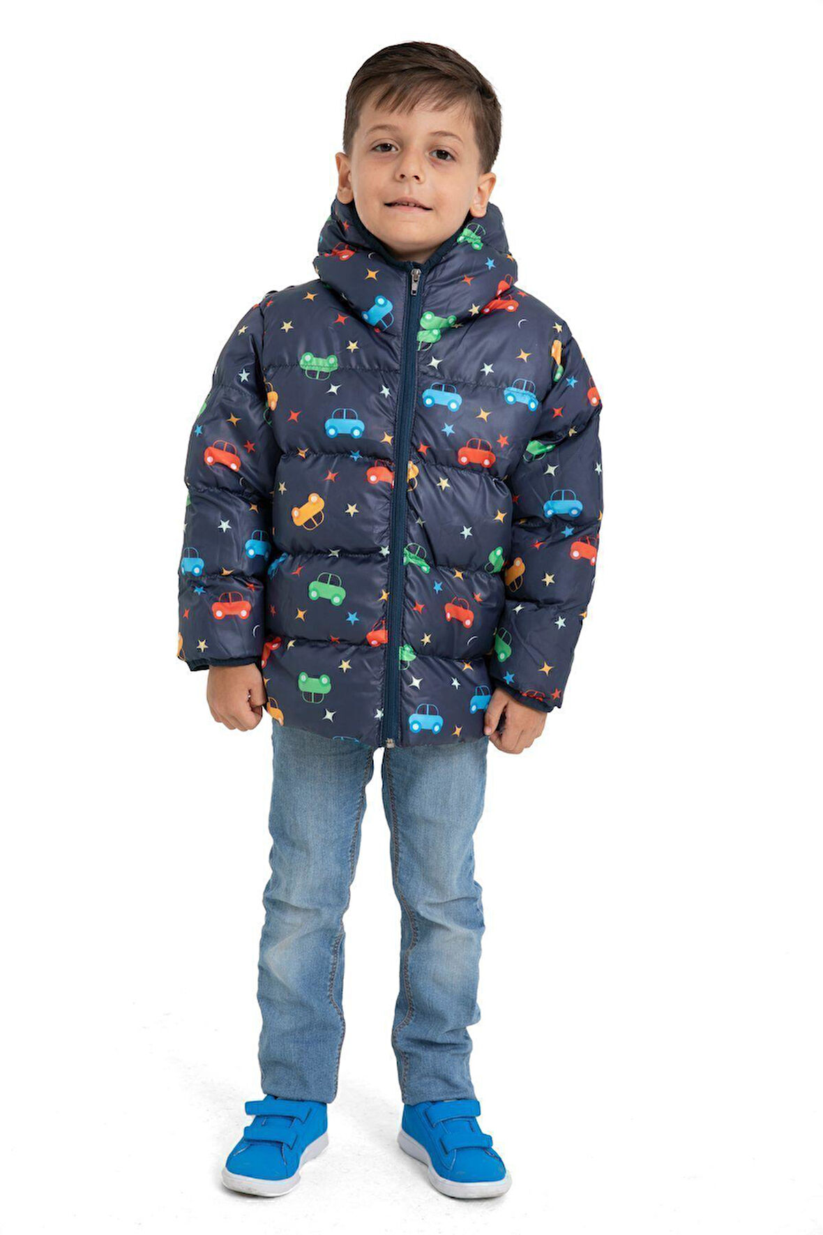 Erkek Çocuk Polarlı Kapüşonlu Araba Yıldız Ay Desenli Kışlık Şişme Mont & Kaban & Parka