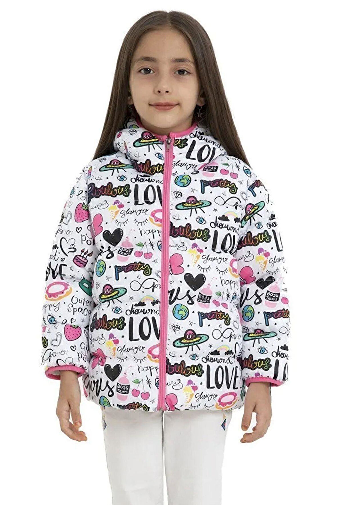 Kız Çocuk Polarlı Kapüşonlu Girls Yazılı Kelebek Desenli Kışlık Şişme Mont & Kaban & Parka