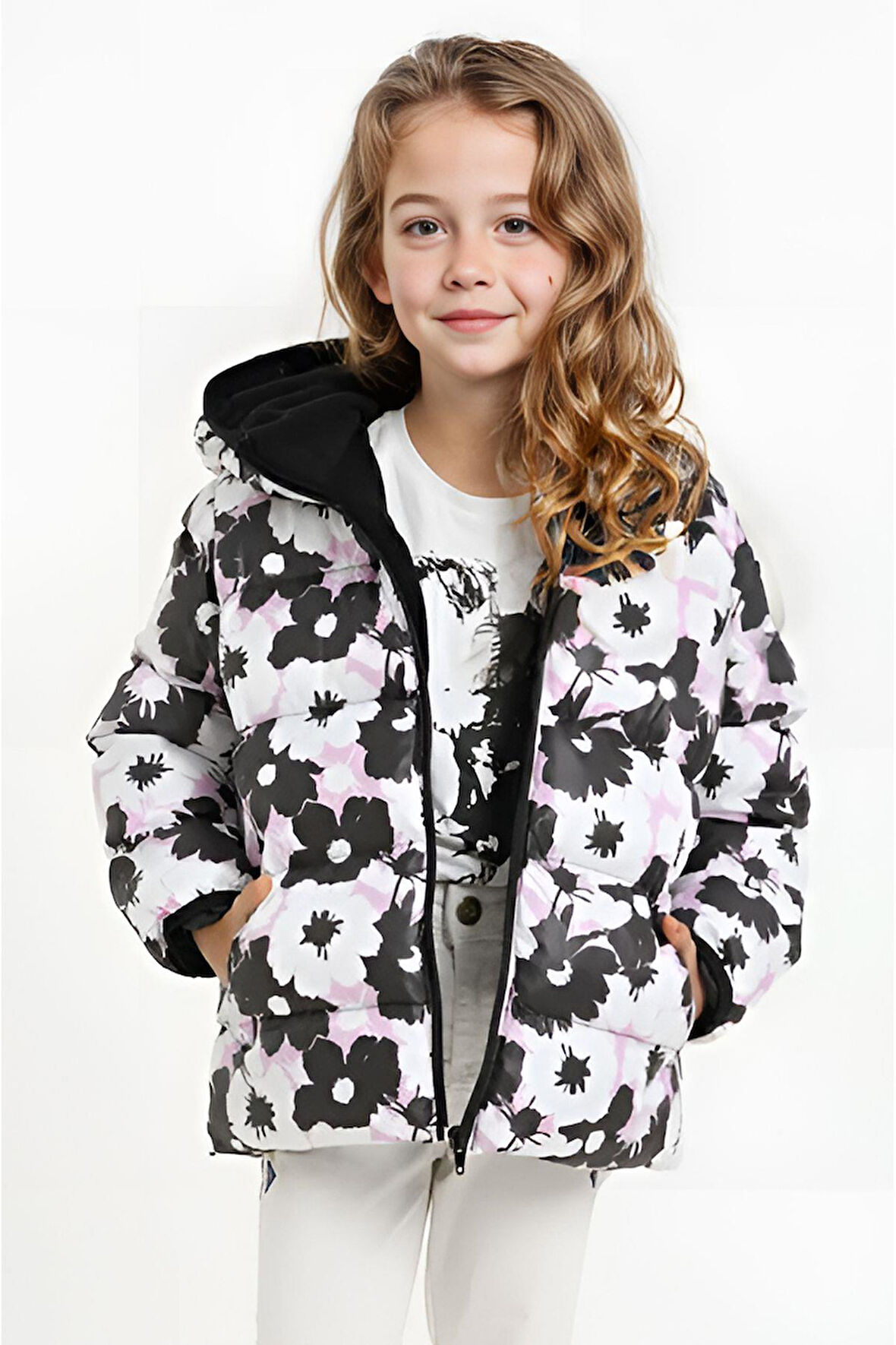 Kız Çocuk Çiçek Desen Polar Su ve Rüzgar Geçirmez Kapüşonlu Cepli Şişme Kışlık Mont