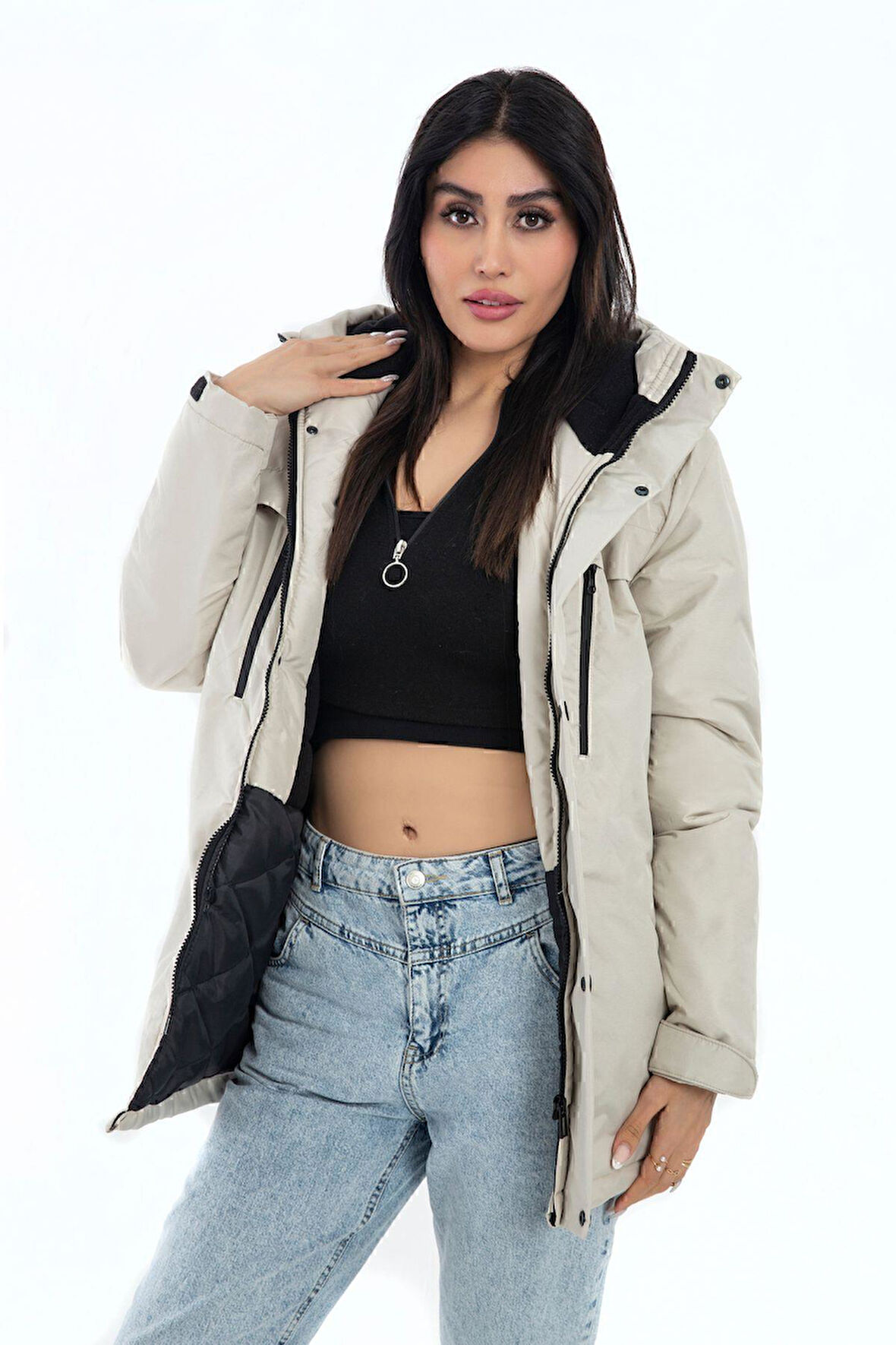 Kadın Polarlı Su Ve Rüzgar Geçirmez Kapüşonlu Kışlık Mont & Kaban & Parka