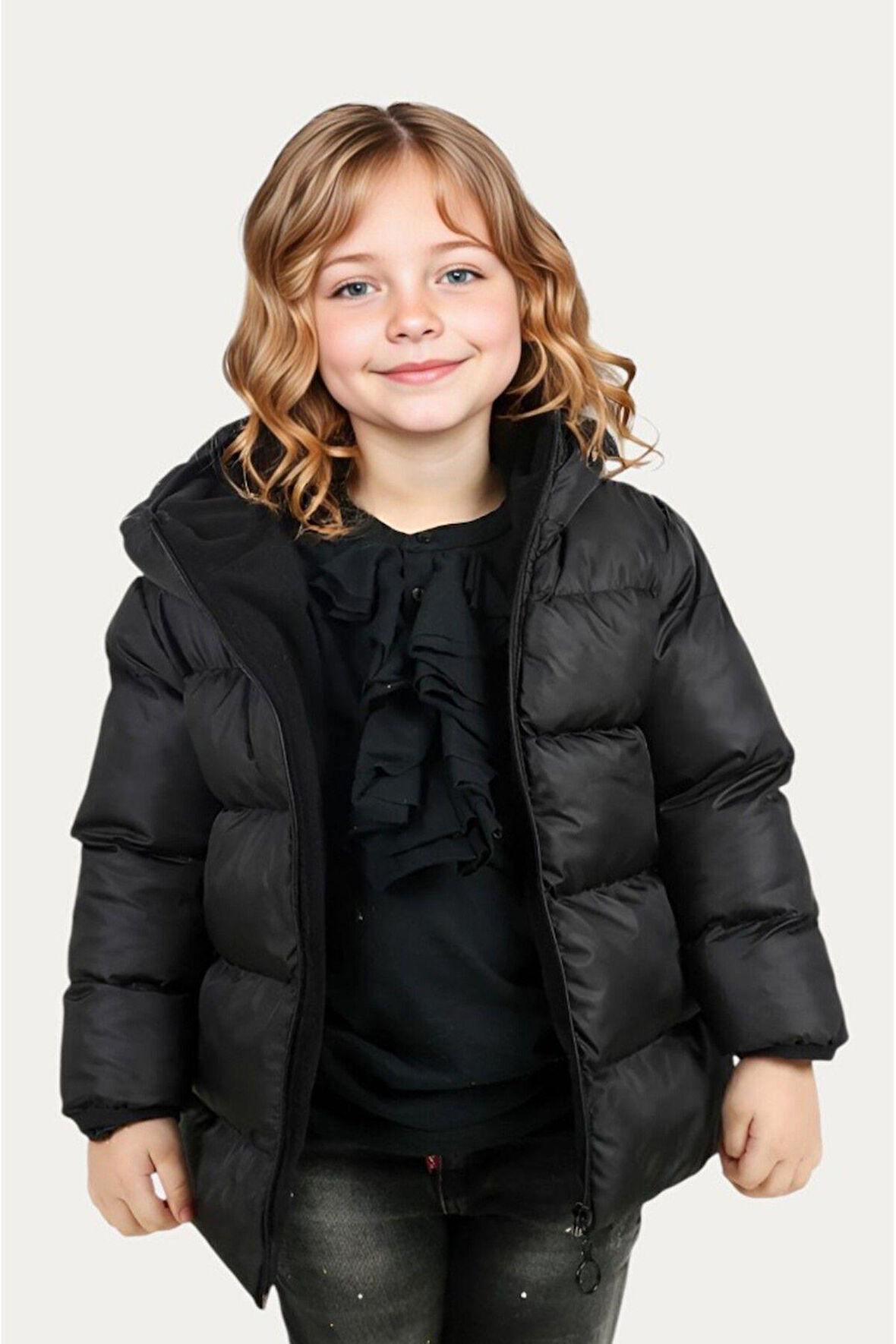 Kız Çocuk Polarlı Kapüşonlu Su Geçirmez Rüzgara Dayanıklı Şişme Kışlık Mont & Kaban