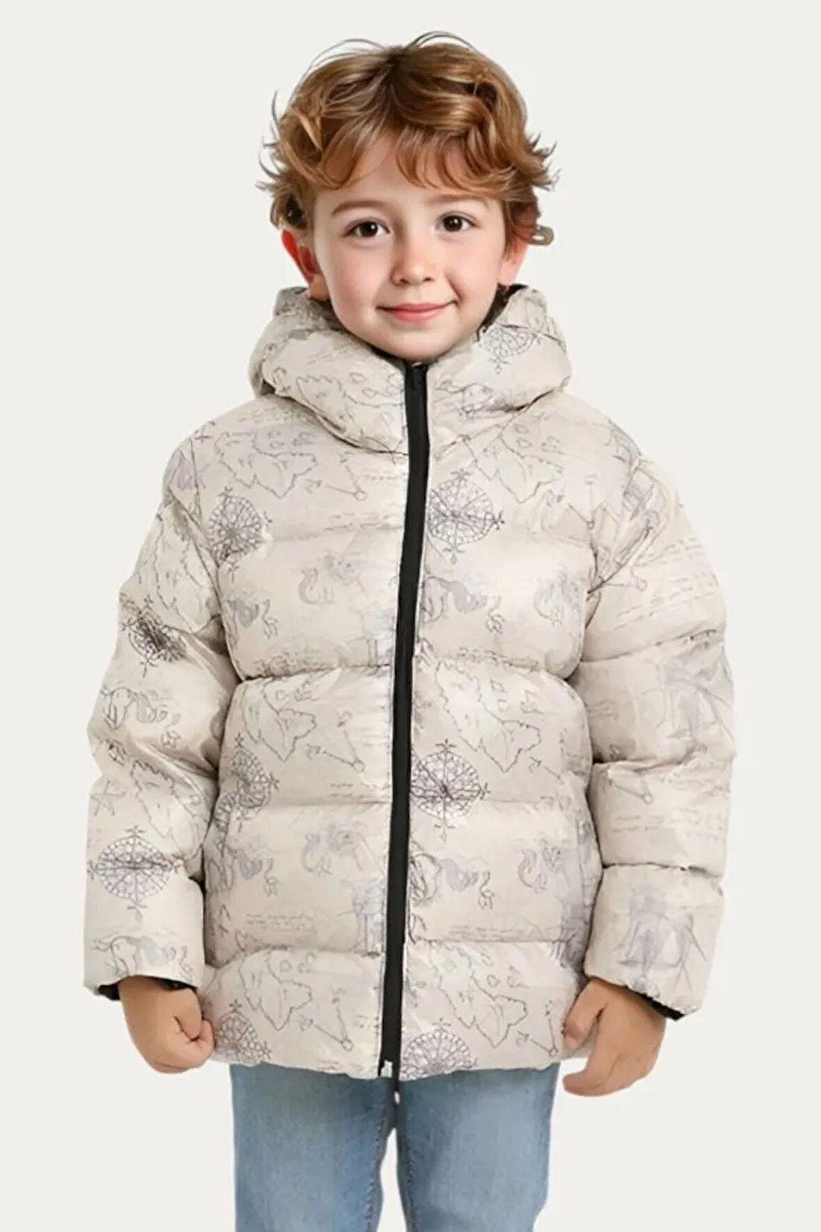 Kız Çocuk Dijital Baskılı Desen Polar Su ve Rüzgar Geçirmez Kapüşonlu Cepli Şişme Kışlık Mont