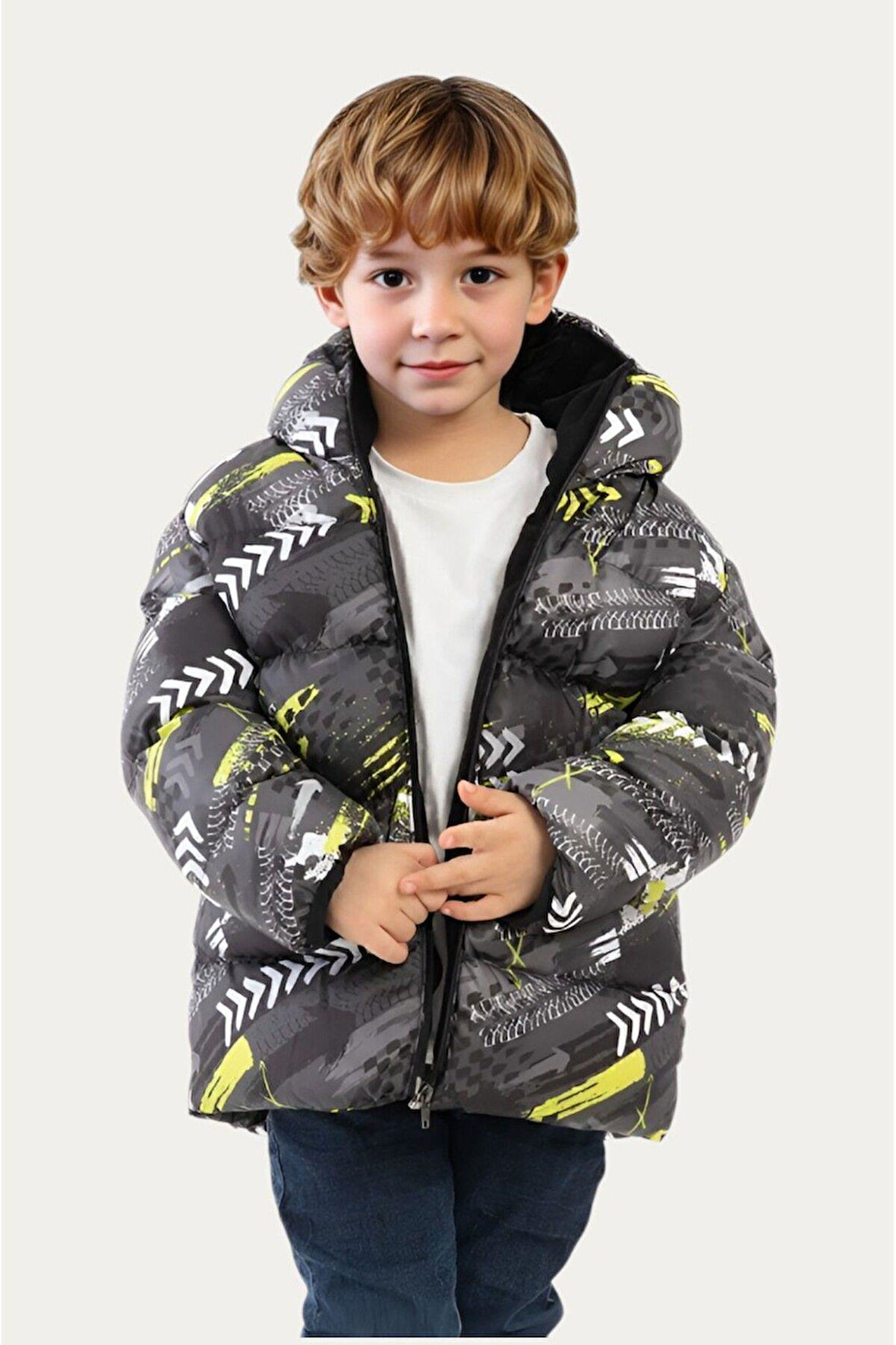 Erkek Çocuk Dijital Desen Polar Su ve Rüzgar Geçirmez Kapüşonlu Şişme Kışlık Mont