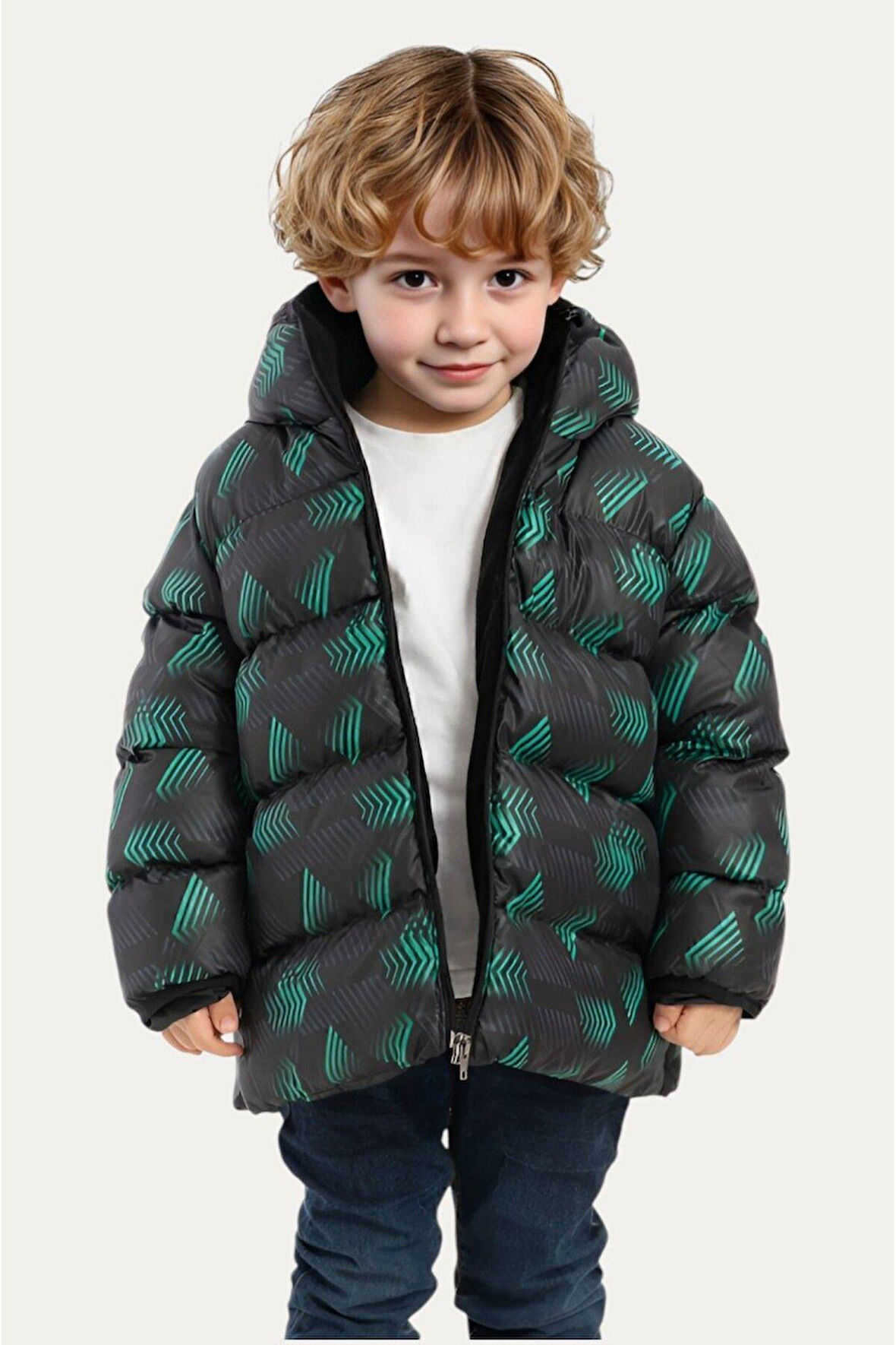 Erkek Çocuk Dijital Desen Polar Su ve Rüzgar Geçirmez Kapüşonlu Şişme Kışlık Mont