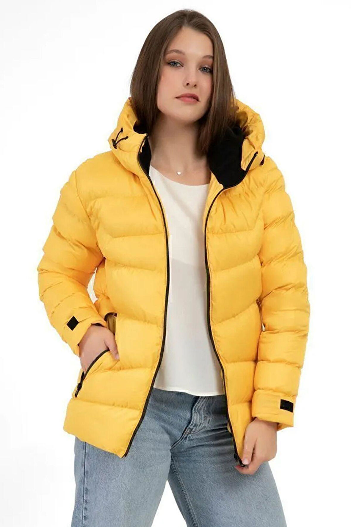 Kadın Polarlı Kapüşonlu Su Geçirmez Rüzgara Dayanıklı Şişme Kışlık Mont & Kaban & Parka