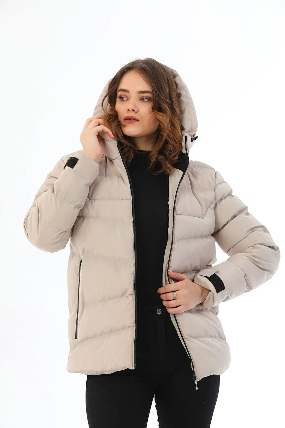 Kadın Polarlı Kapüşonlu Su Geçirmez Rüzgara Dayanıklı Şişme Kışlık Mont & Kaban & Parka