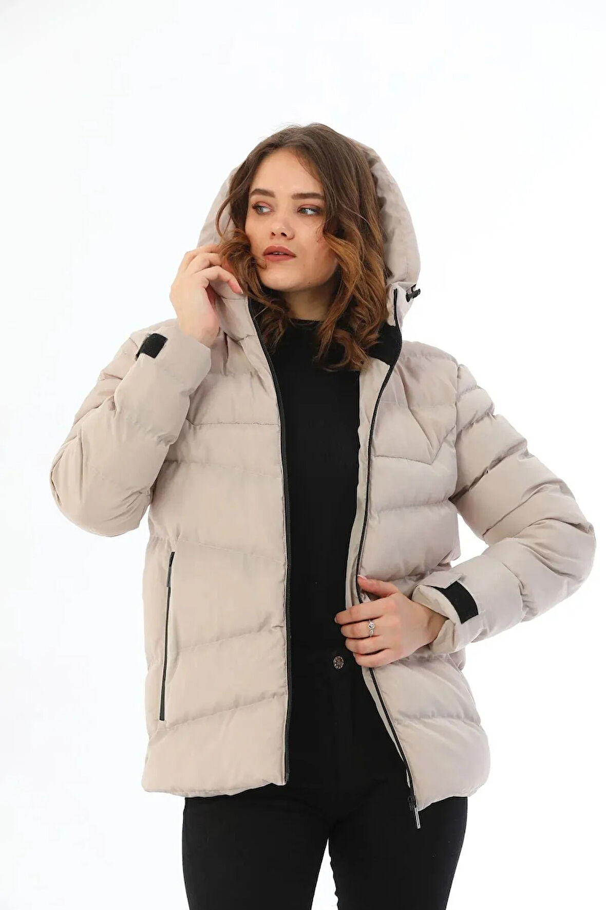 Kadın Polarlı Kapüşonlu Su Geçirmez Rüzgara Dayanıklı Şişme Kışlık Mont & Kaban & Parka