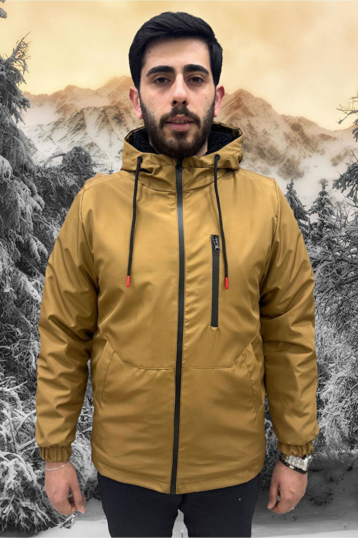 Erkek Kürklü Su Ve Rüzgar Geçirmez Kapüşonlu Kışlık Mont & Kaban & Parka