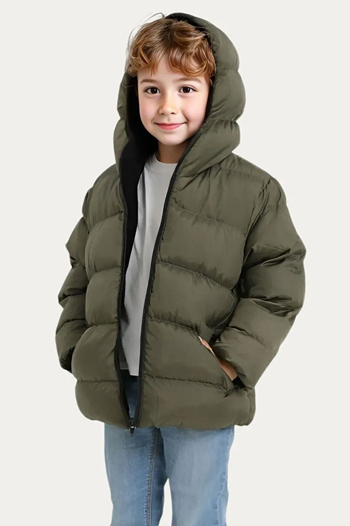 Erkek Çocuk Polarlı Kapüşonlu Su Geçirmez Rüzgara Dayanıklı Cepli Şişme Kışlık Mont