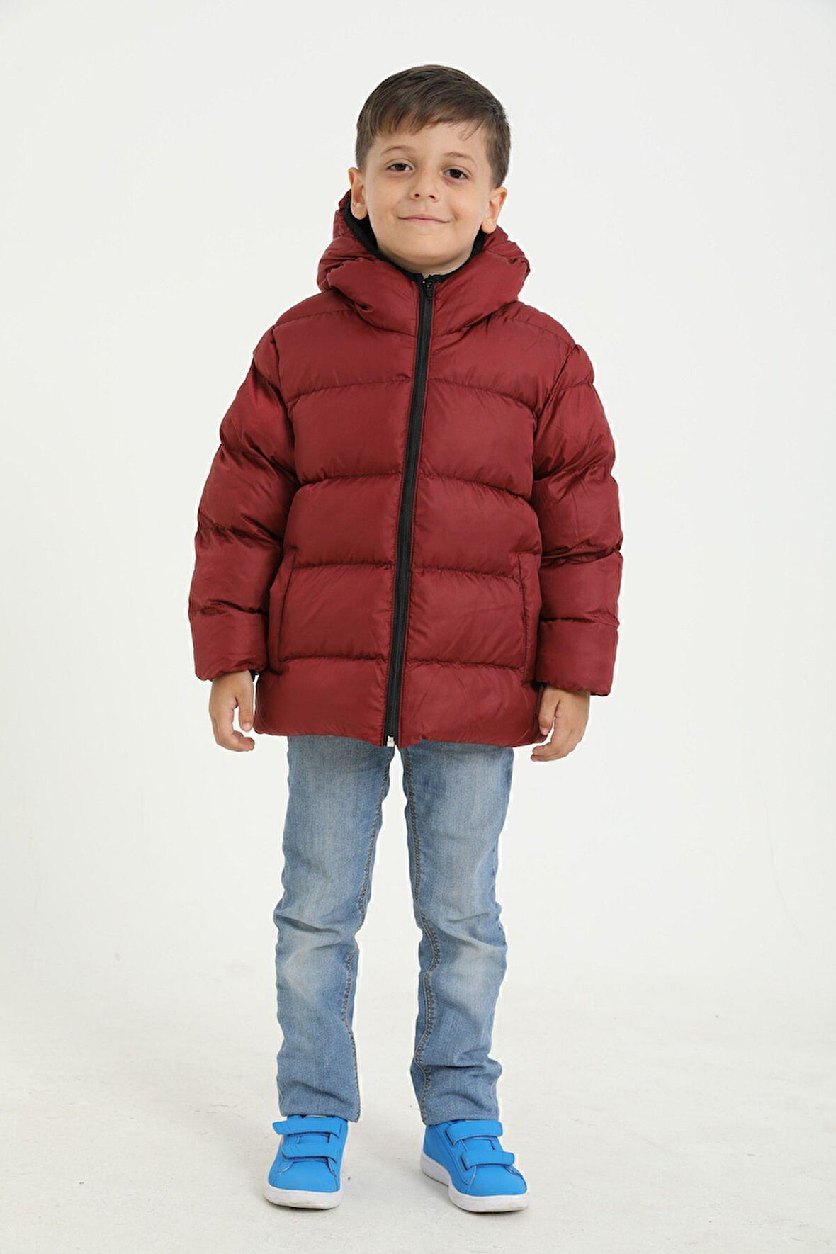 Erkek Çocuk Polarlı Kapüşonlu Su Geçirmez Rüzgara Dayanıklı Cepli Şişme Kışlık Mont