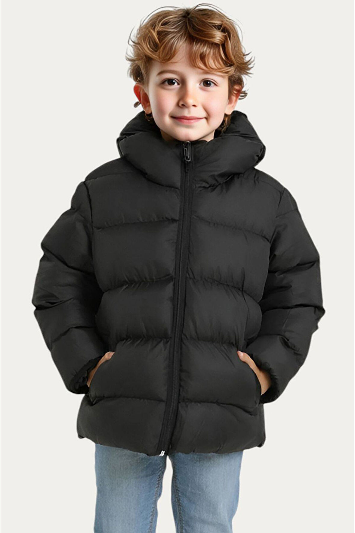 Erkek Çocuk Polarlı Kapüşonlu Su Geçirmez Rüzgara Dayanıklı Cepli Şişme Kışlık Mont