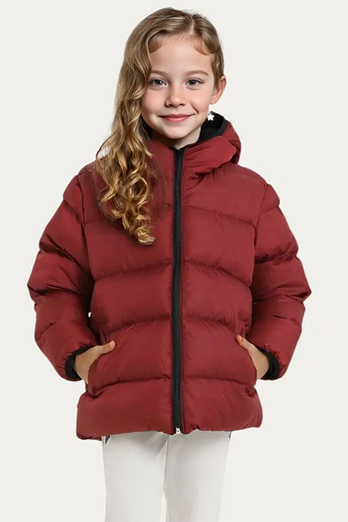 Kız Çocuk Polarlı Kapüşonlu Su Geçirmez Rüzgara Dayanıklı Cepli Şişme Kışlık Mont