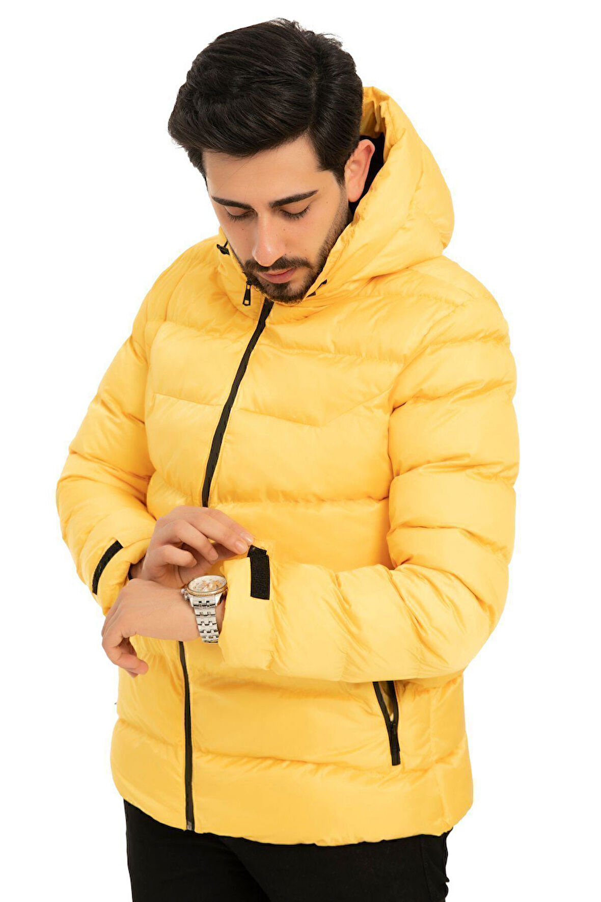 Erkek Kapüşonlu Polarlı Kürklü Su Geçirmez Rüzgara Dayanıklı Şişme Mont Kaban Parka