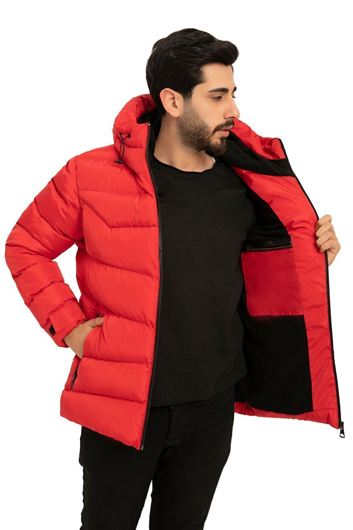 Erkek Kapüşonlu Polarlı Kürklü Su Geçirmez Rüzgara Dayanıklı Şişme Mont Kaban Parka