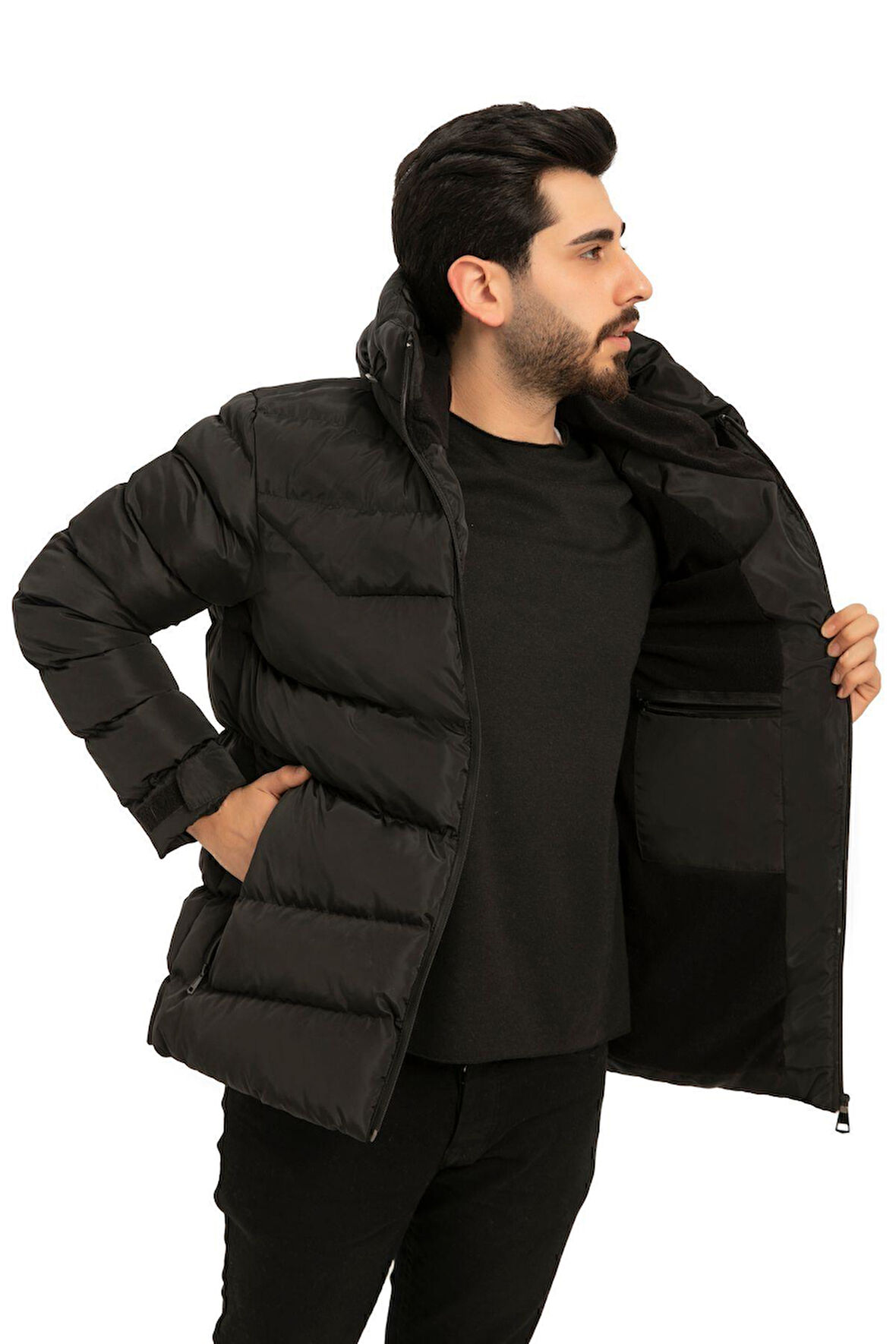 Erkek Kapüşonlu Polarlı Kürklü Su Geçirmez Rüzgara Dayanıklı Şişme Mont Kaban Parka