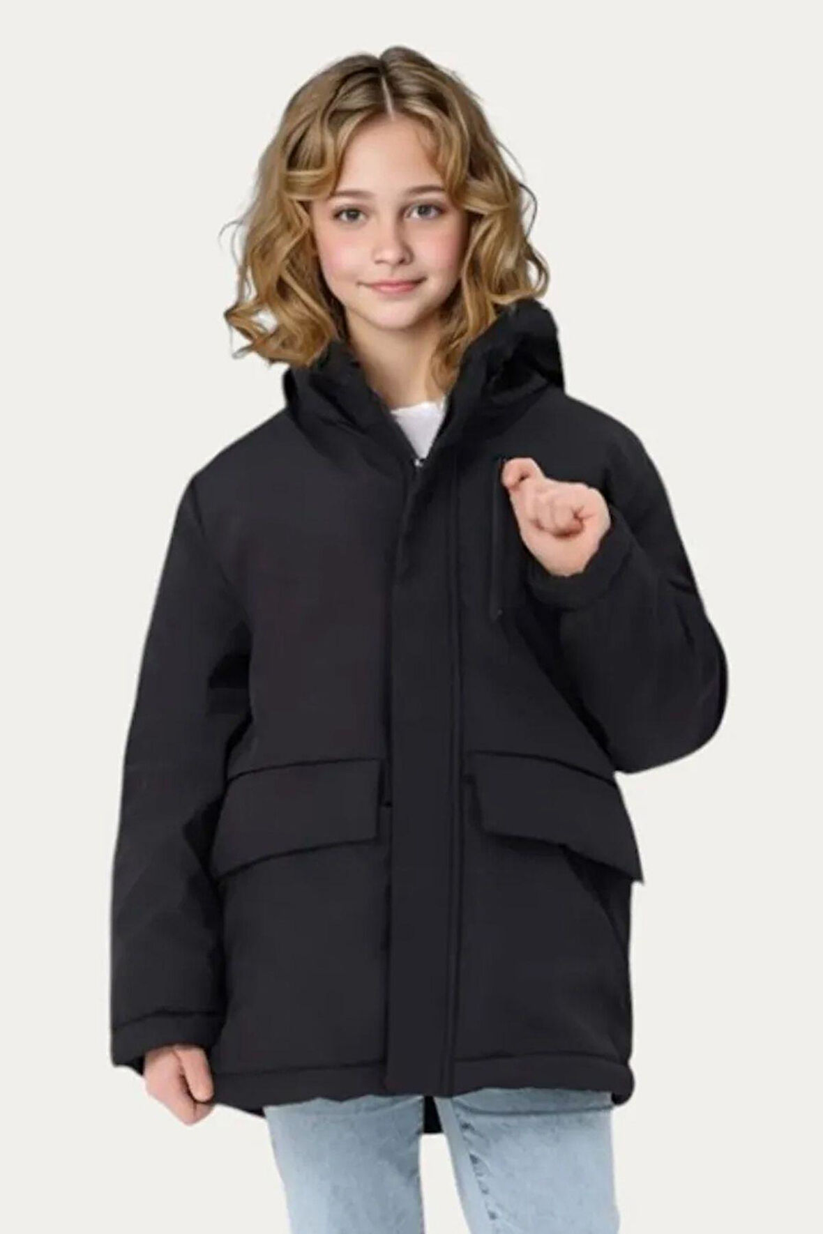 Kız Çocuk Kürklü Su ve Rüzgar Geçirmez Kapüşonlu 3 Cep Kışlık Mont & Kaban & Parka