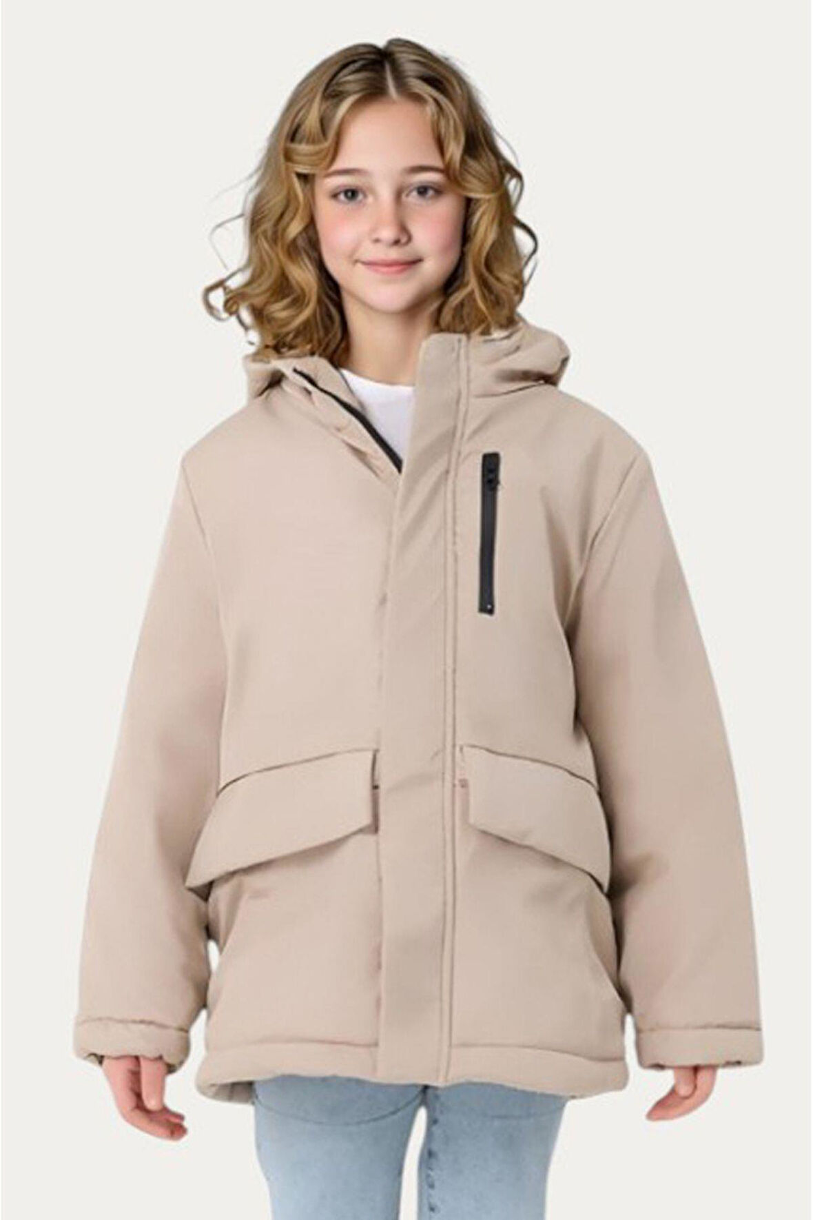 Kız Çocuk Kürklü Su ve Rüzgar Geçirmez Kapüşonlu 3 Cep Kışlık Mont & Kaban & Parka