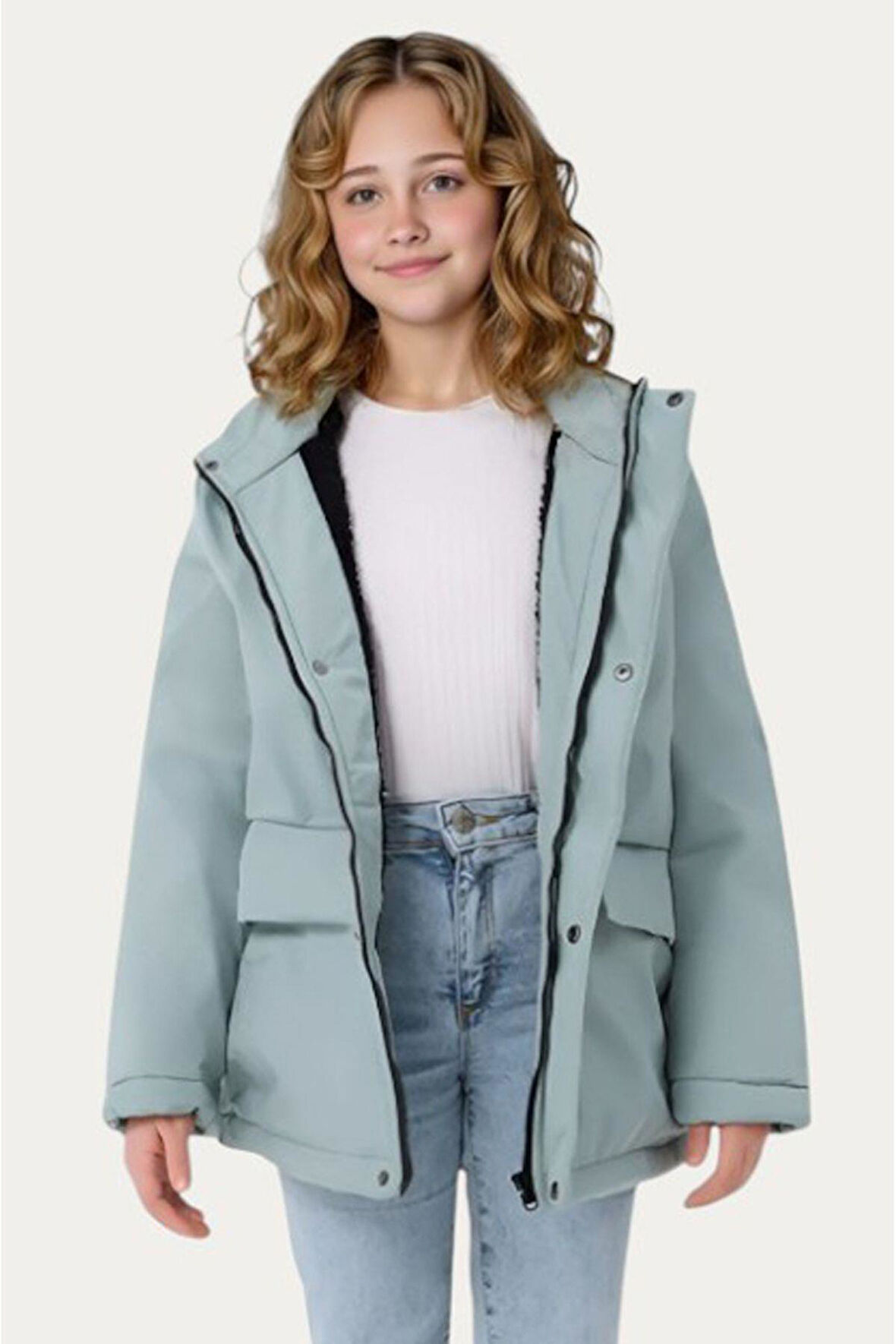 Kız Çocuk Kürklü Su ve Rüzgar Geçirmez Kapüşonlu 3 Cep Kışlık Mont & Kaban & Parka