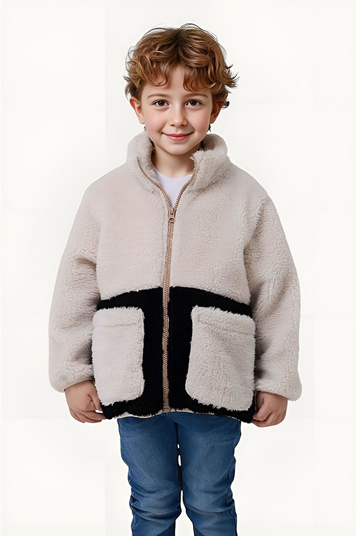 Erkek Çocuk Peluş Cepli Fermuarlı Welsoft Kışlık Mont