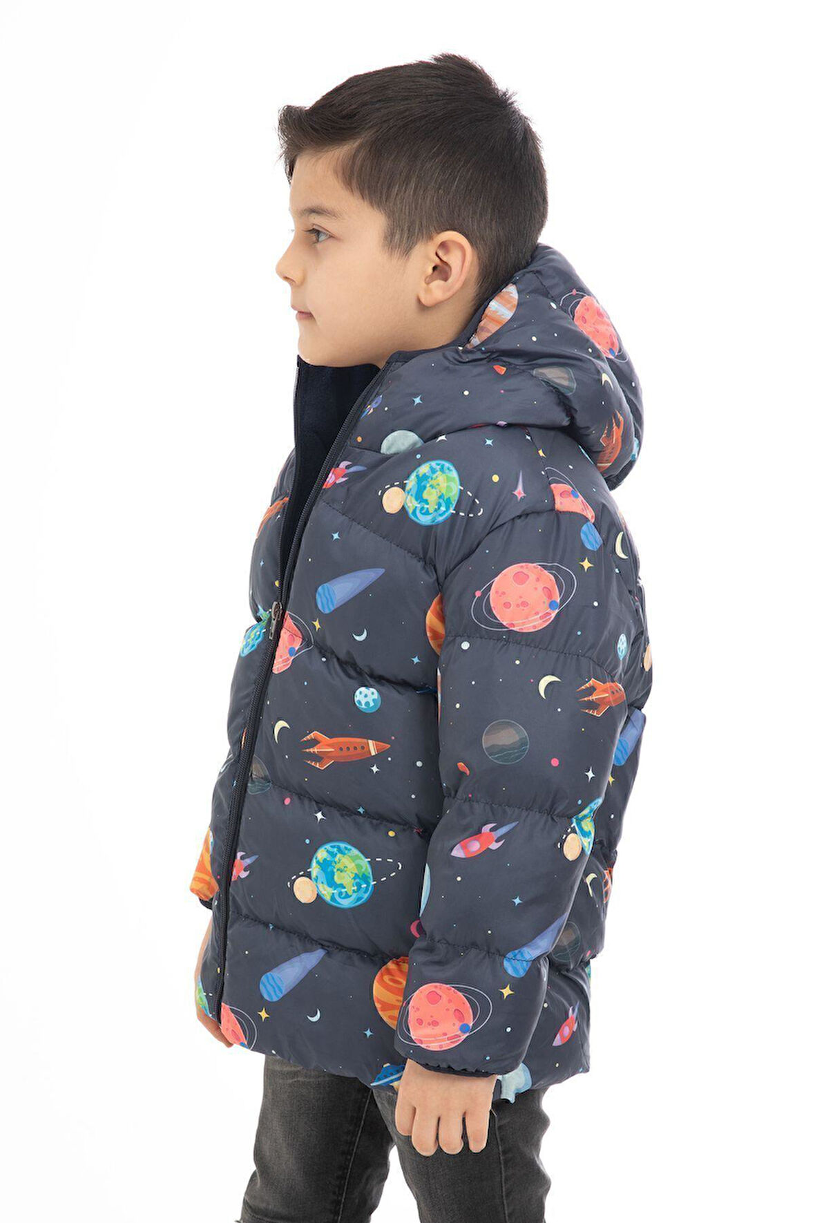 Spor Erkek Çocuk Polarlı Kapüşonlu Gezegen Yıldız Desenli Kışlık Şişme Mont & Kaban & Parka