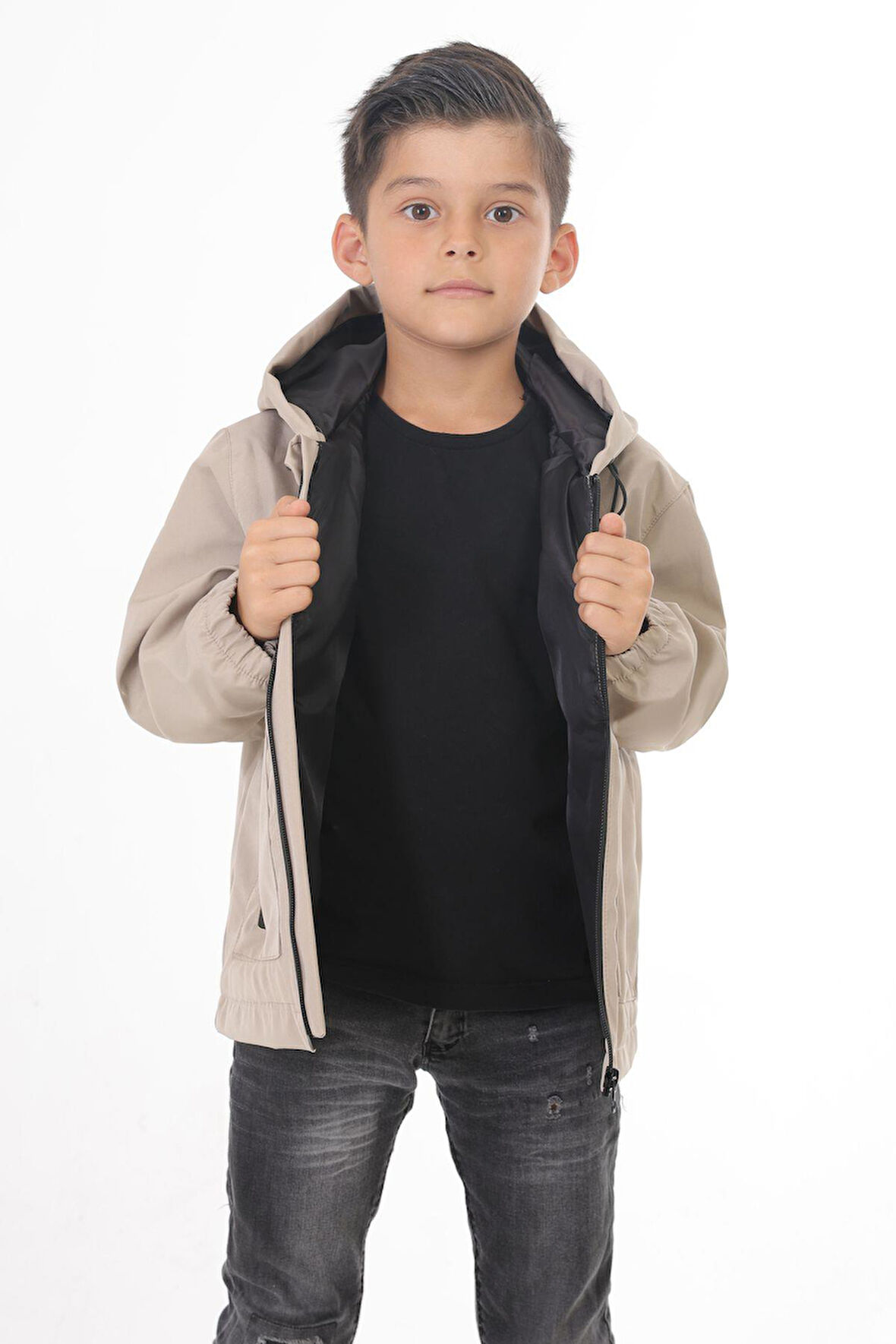 Spor Erkek Çocuk Astarlı Su ve Rüzgar Geçirmez Kapüşonlu Çift Fermuarlı Cepli Yağmurluk