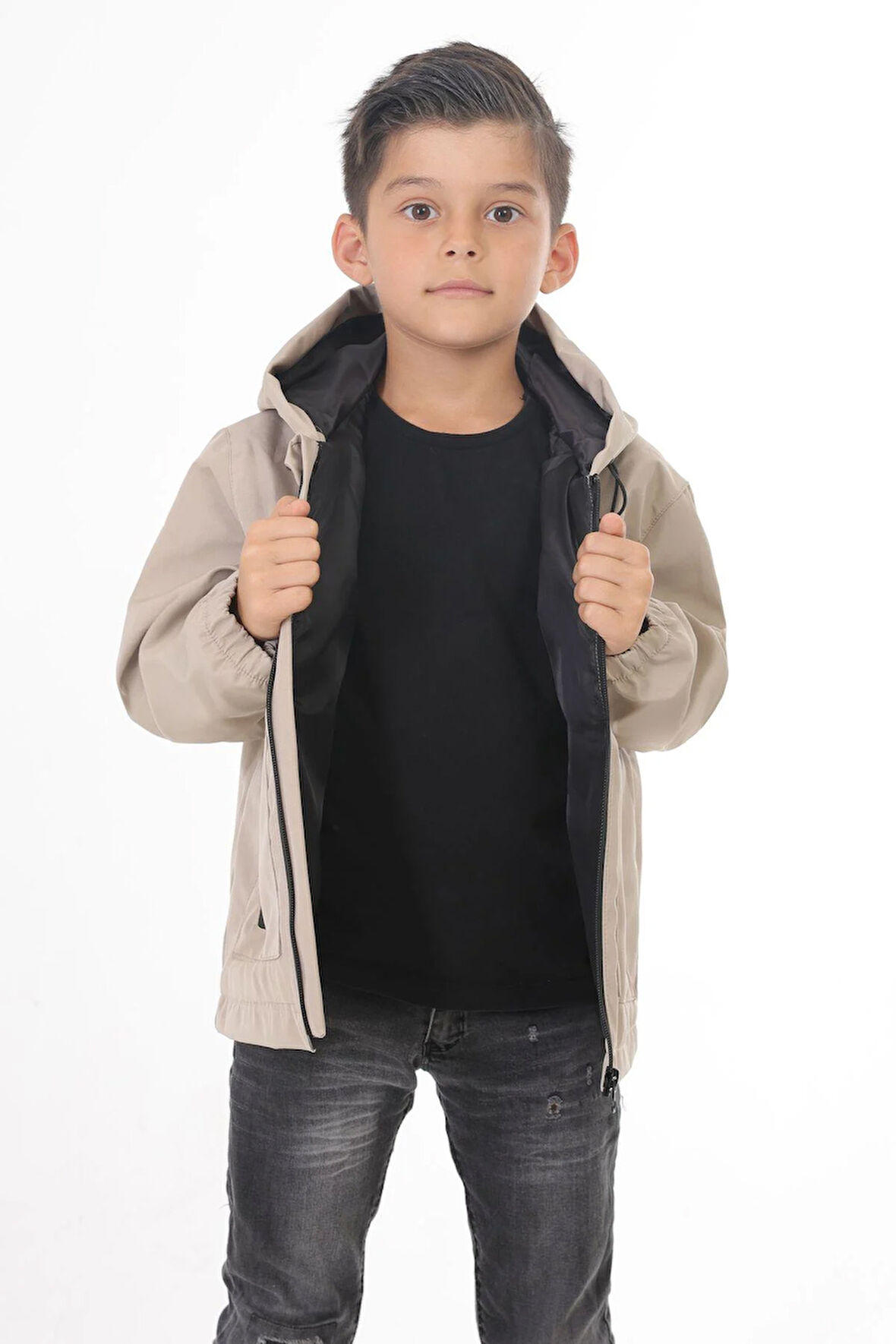 Spor Erkek Çocuk Astarlı Su ve Rüzgar Geçirmez Kapüşonlu Çift Fermuarlı Cepli Yağmurluk