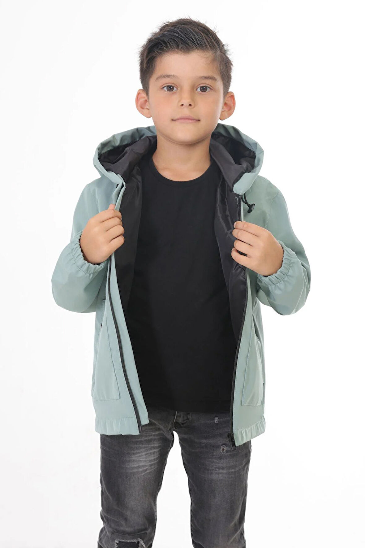 Spor Erkek Çocuk Astarlı Su ve Rüzgar Geçirmez Kapüşonlu Çift Fermuarlı Cepli Yağmurluk