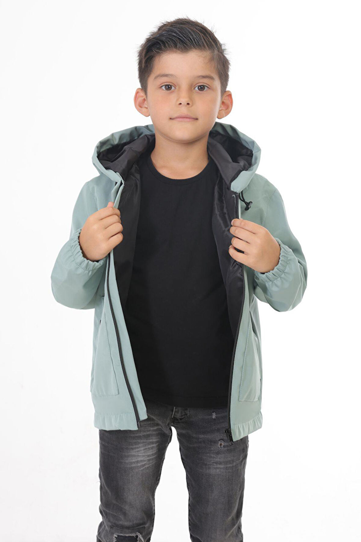 Spor Erkek Çocuk Astarlı Su ve Rüzgar Geçirmez Kapüşonlu Çift Fermuarlı Cepli Yağmurluk