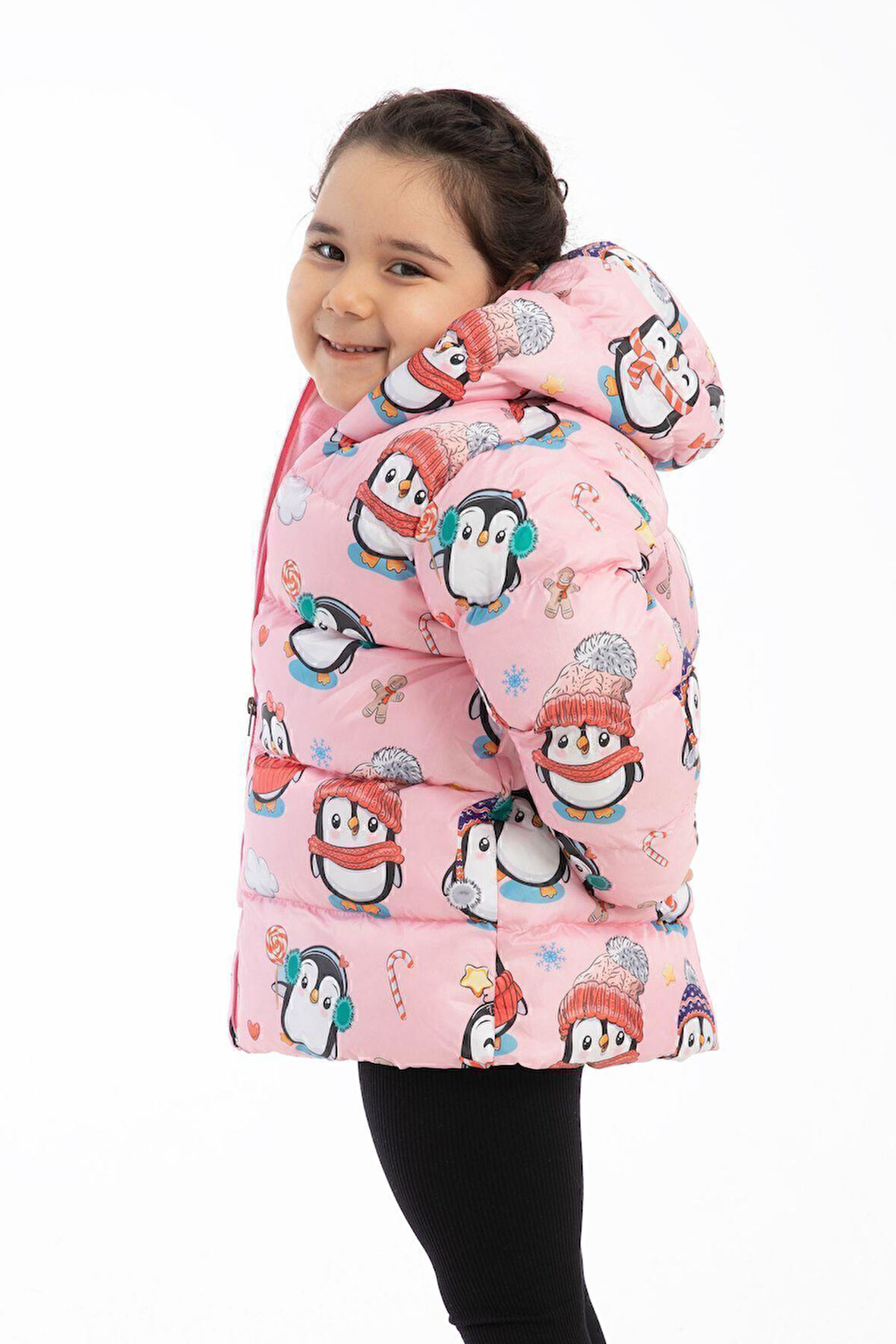 Spor Kız Çocuk Polarlı Kapüşonlu Penguen Şeker Desenli Kışlık Şişme Mont & Kaban & Parka