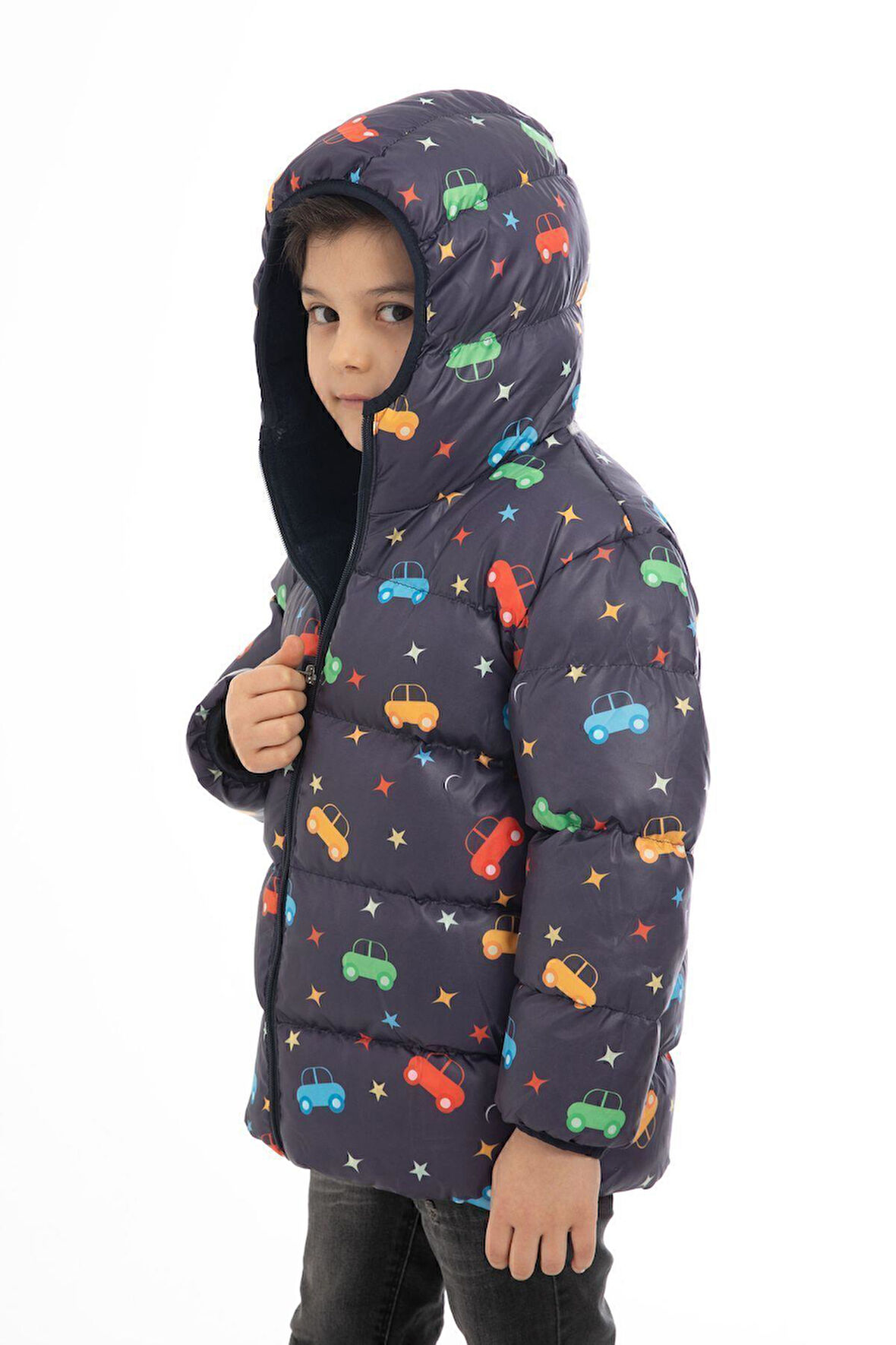 Spor Erkek Çocuk Polarlı Kapüşonlu Araba Yıldız Ay Desenli Kışlık Şişme Mont & Kaban & Parka