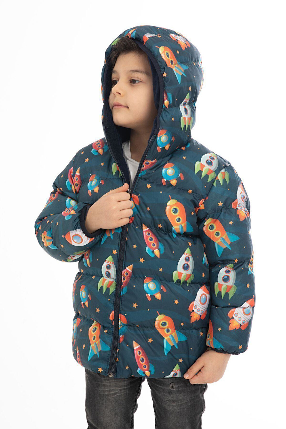 Spor Erkek Çocuk Polarlı Kapüşonlu Roket Desenli Kışlık Şişme Mont & Kaban & Parka