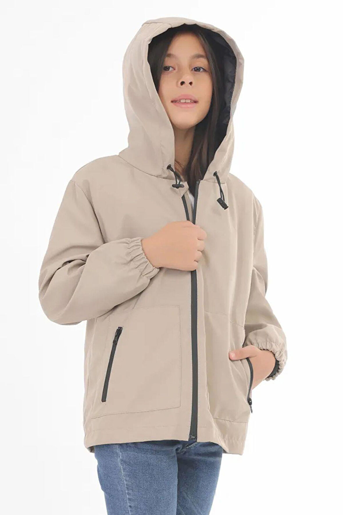 Spor Kız Çocuk Astarlı Su ve Rüzgar Geçirmez Kapüşonlu Çift Fermuarlı Cepli Yağmurluk
