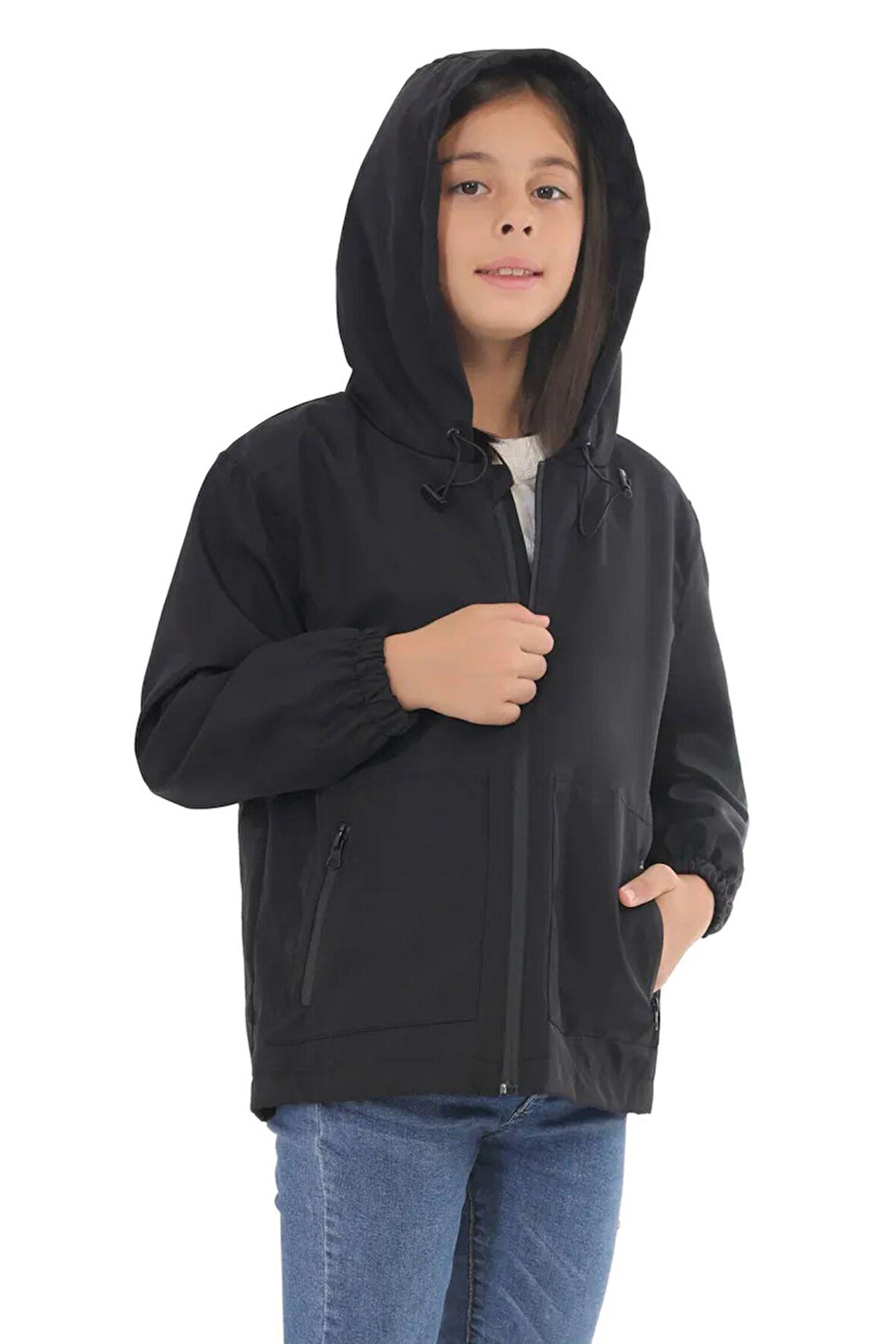 Spor Kız Çocuk Astarlı Su ve Rüzgar Geçirmez Kapüşonlu Çift Fermuarlı Cepli Yağmurluk