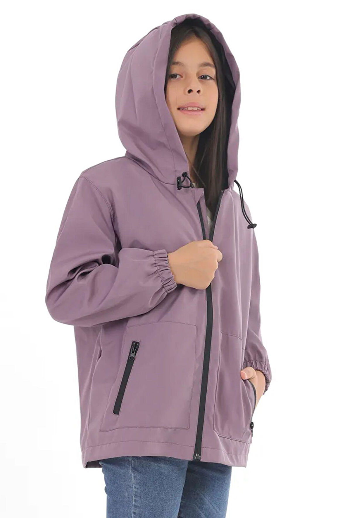 Spor Kız Çocuk Astarlı Su ve Rüzgar Geçirmez Kapüşonlu Çift Fermuarlı Cepli Yağmurluk