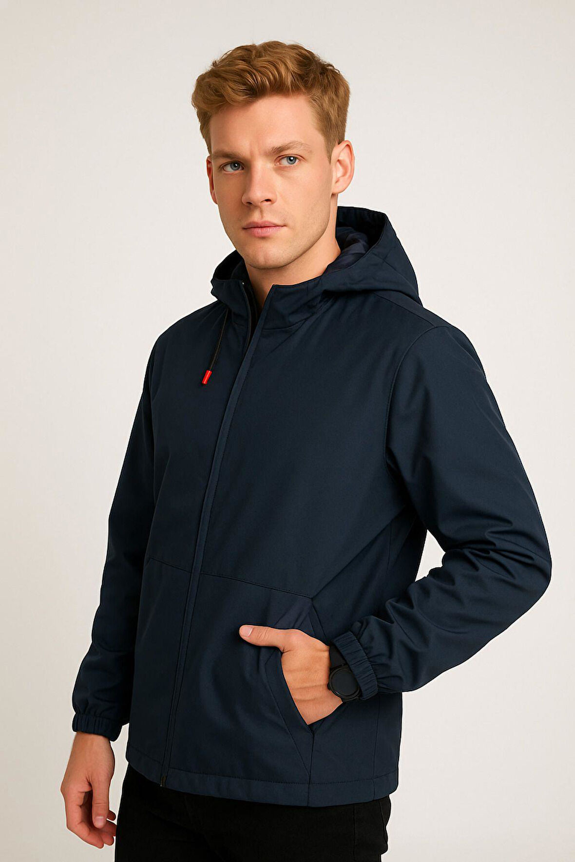 Spor Erkek Astarlı Kanguru Cepli Su ve Rüzgar Geçirmez Kapüşonlu Cepli Yağmurluk