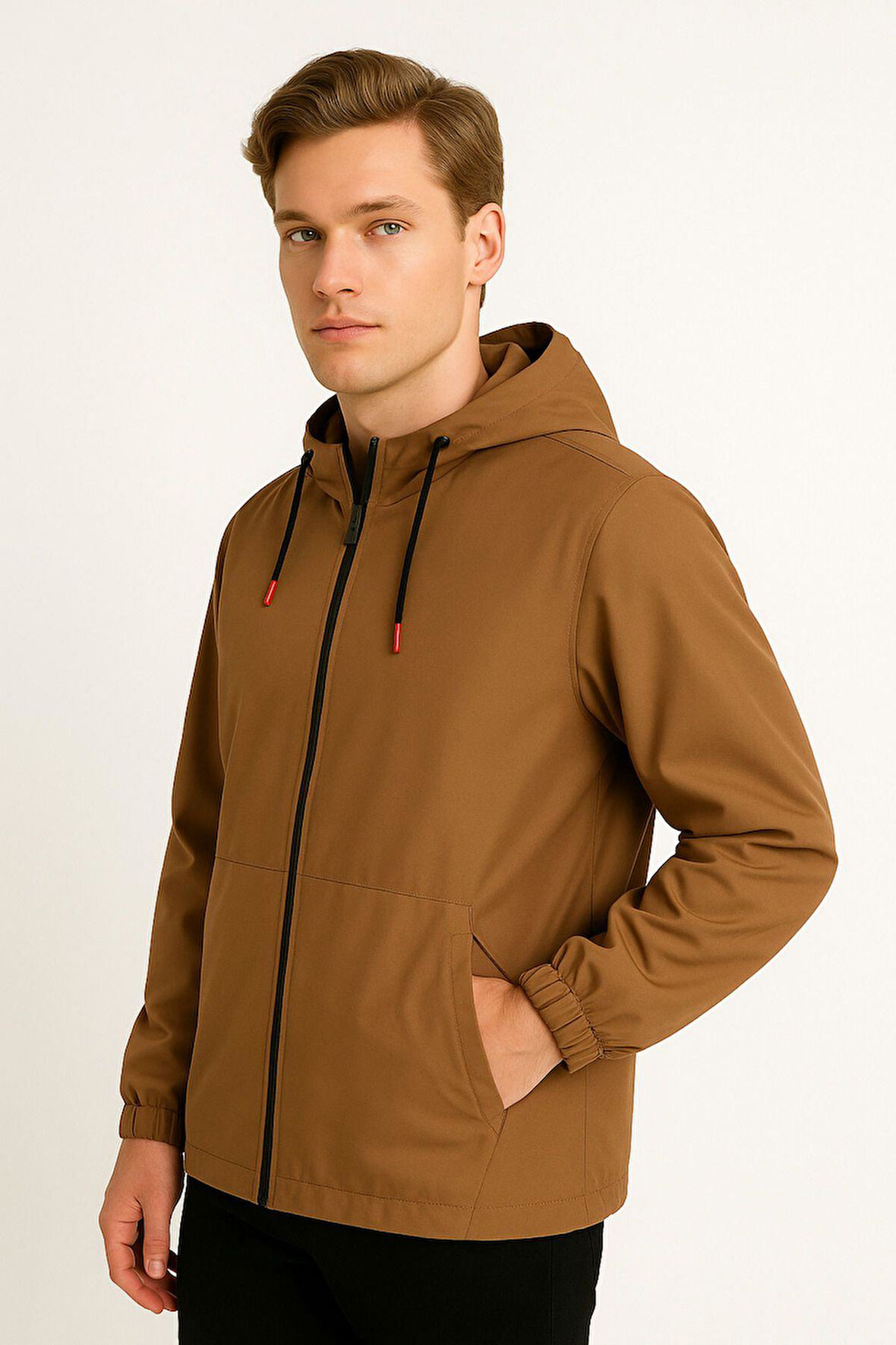 Spor Erkek Astarlı Kanguru Cepli Su ve Rüzgar Geçirmez Kapüşonlu Cepli Yağmurluk