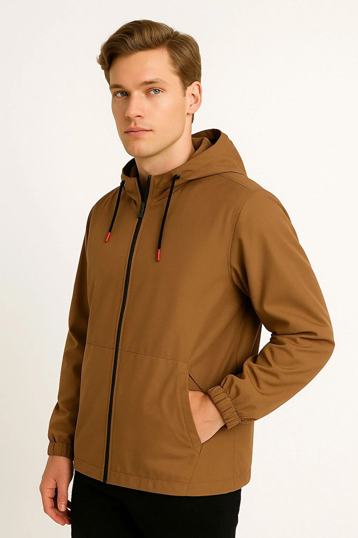 Spor Erkek Astarlı Kanguru Cepli Su ve Rüzgar Geçirmez Kapüşonlu Cepli Yağmurluk