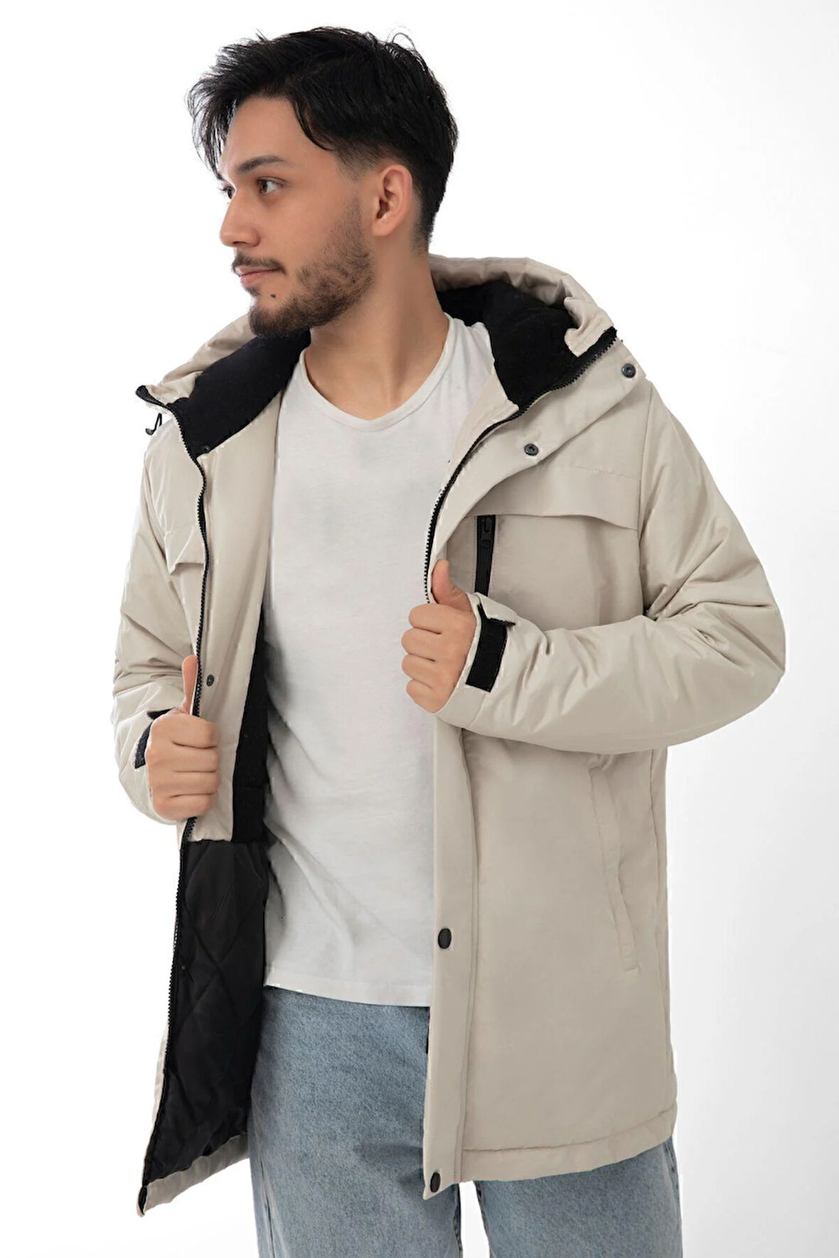 Spor Erkek Polarlı Kürklü Su Ve Rüzgar Geçirmez Kapüşonlu Kışlık Mont & Kaban & Parka