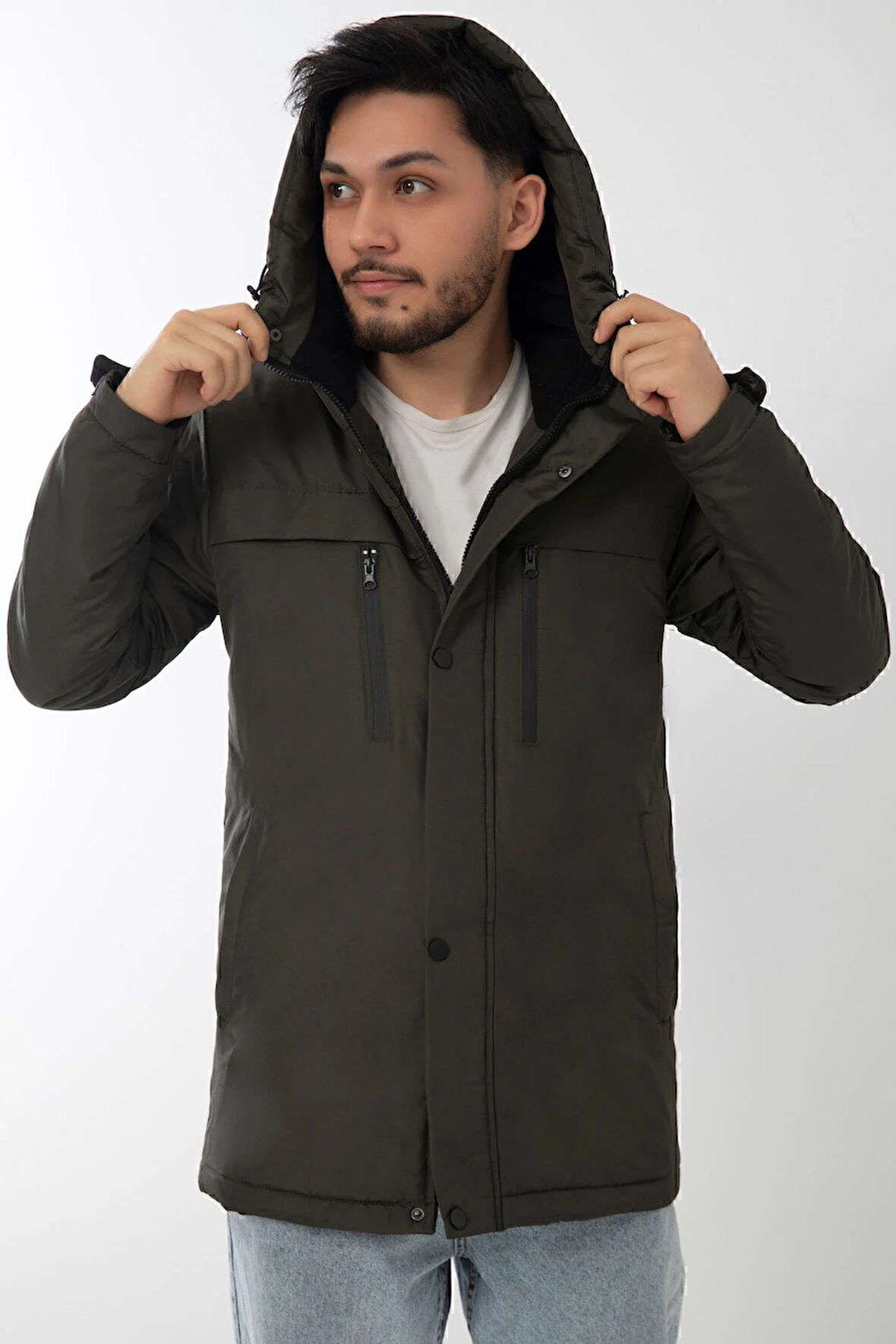 Spor Erkek Polarlı Kürklü Su Ve Rüzgar Geçirmez Kapüşonlu Kışlık Mont & Kaban & Parka