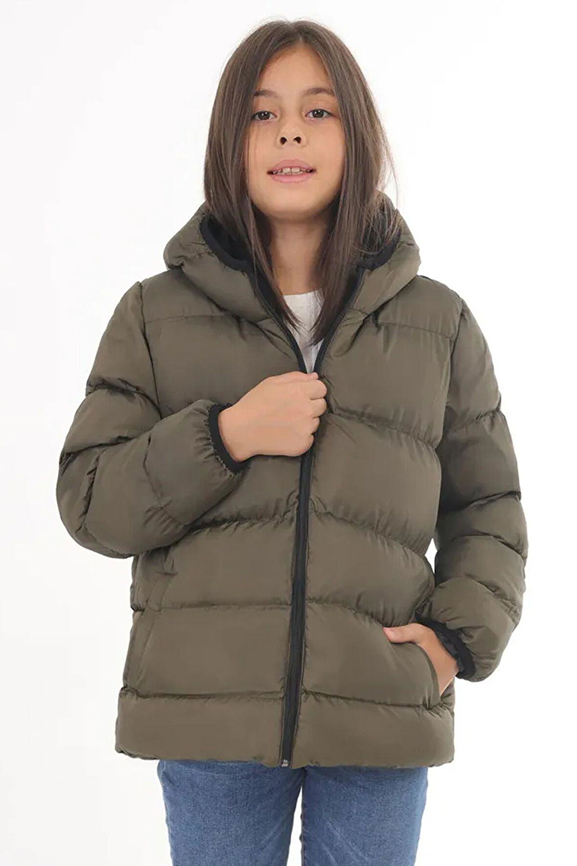 Spor Kız Çocuk Polarlı Kapüşonlu Su Geçirmez Rüzgara Dayanıklı Cepli Şişme Kışlık Mont