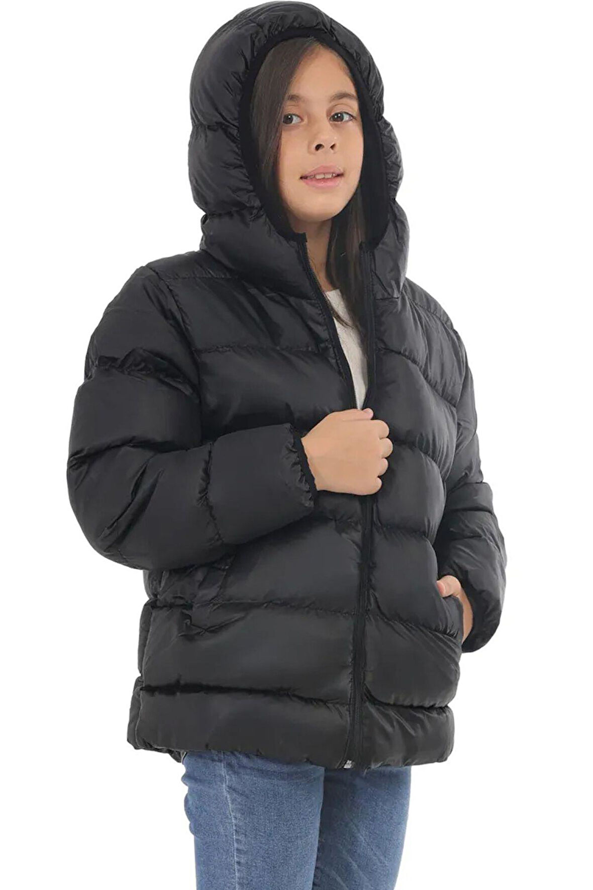 Spor Kız Çocuk Polarlı Kapüşonlu Su Geçirmez Rüzgara Dayanıklı Cepli Şişme Kışlık Mont